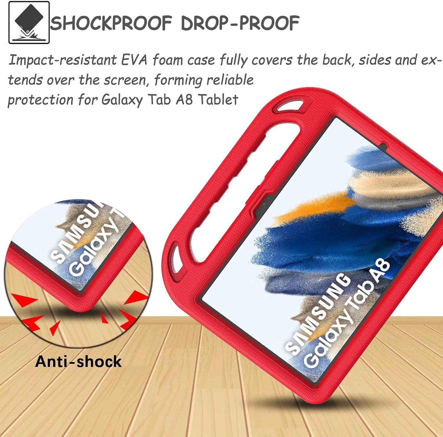 LTROP Case for Samsung Galaxy Tab A8 Tablet 10.5 Inch 2022 (SM-X200/X205/X207) Built-in Screen Protector, Galaxy Tab A8 10.5 Case for Kids, Protective Handle Stand Case for Samsung Tab A8 2022, Red