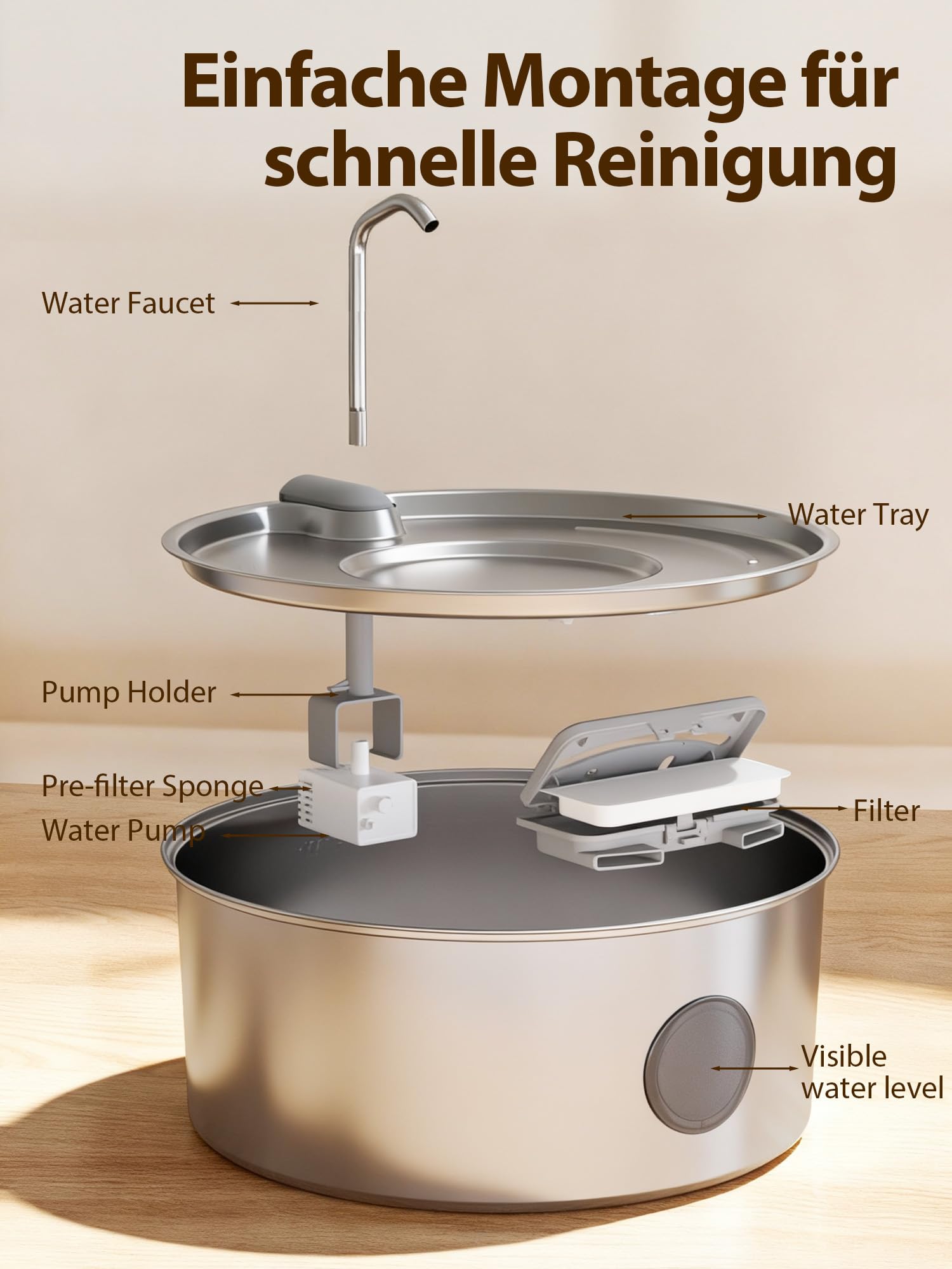 Kittyspout 8L Hundebrunnen aus 304 Edelstahl, leise Pumpe, Trinkbrunnen mit Sichtfenster und LED, ideal für große Hunde und Mehrtierhaushalte