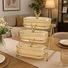 Rioware 3 Tier Glass Fruit Basket with Metal Stand | Oval Tiered Fruit Basket & Snack Organizer | Detachable Dessert Stand for Kitchen Counter & Dining Table (Golden)