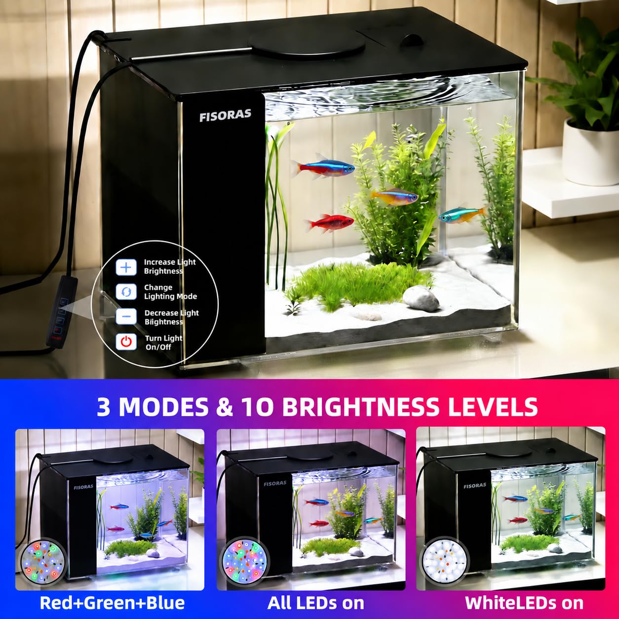 Set piccolo acquario da 3,7 l, con pompa filtro dell'acqua e illuminazione a LED, ideale per pesci da combattimento, pesci rossi, gamberetti e guppy