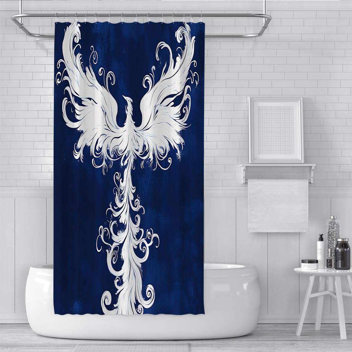 Emblème de l’Oiseau phénix Rideau de Douche Bleu foncé Totem Tribal Blanc décor de Salle de Bain Mythologie Abstraite Créature Rideaux de Baignoire imperméables W120xL200 cm