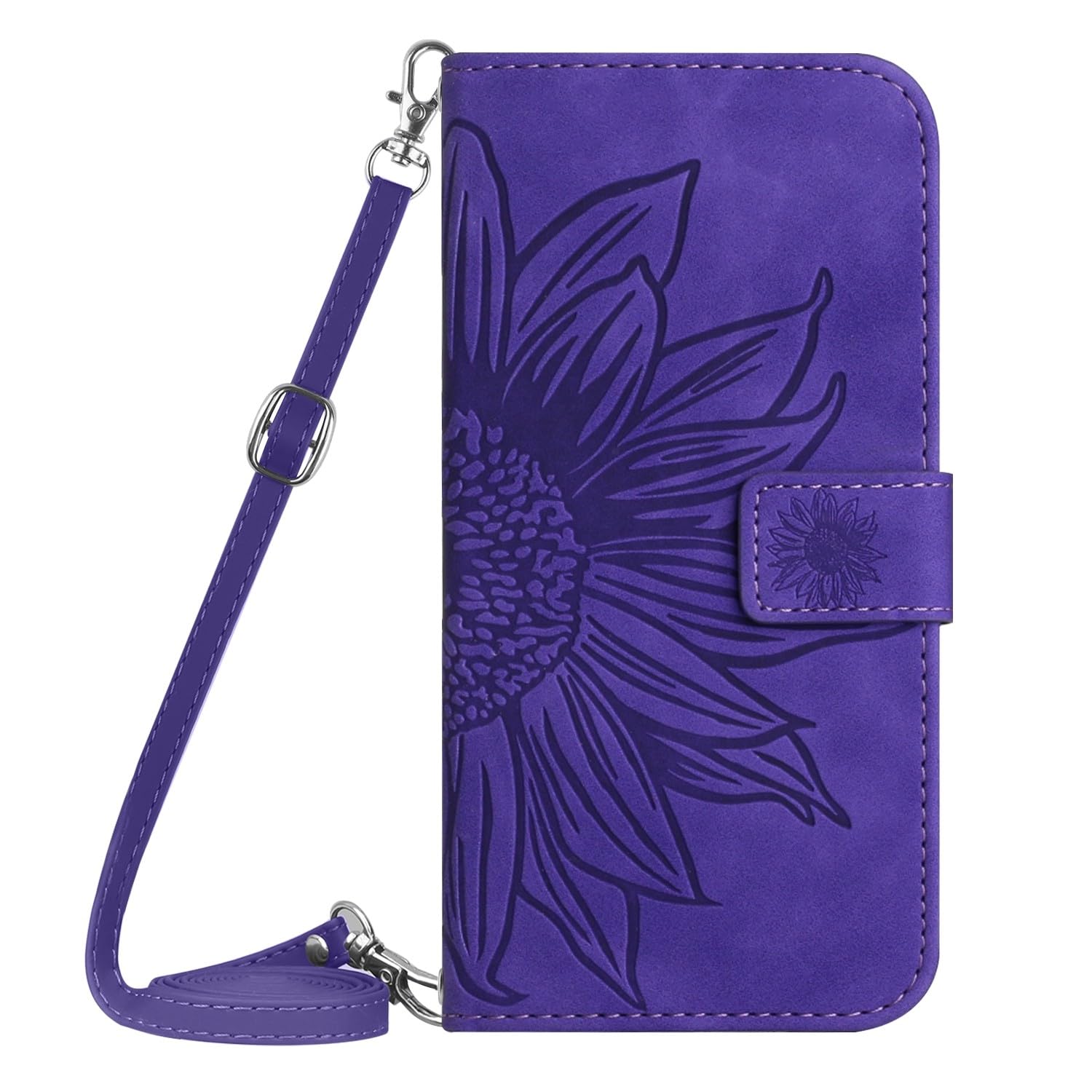Étui iPhone 16 Pro Max violet : portefeuille de luxe à rabat arrière fleur