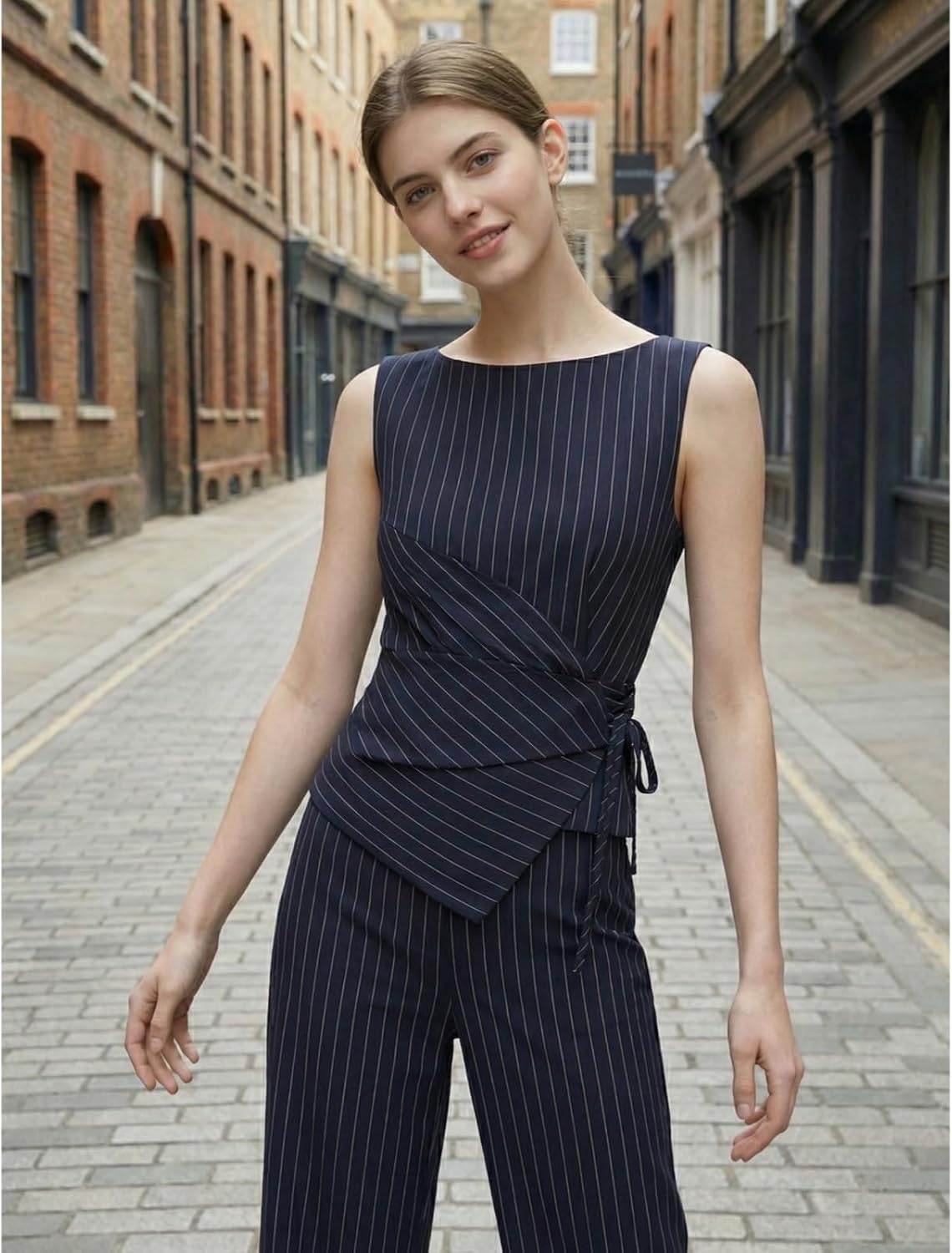Women's 2 Piece Pinstripe Outfit, Sleeveless Boat Neck Wrap Tie Waist Top & Wide Leg Pants Set for Office Casual