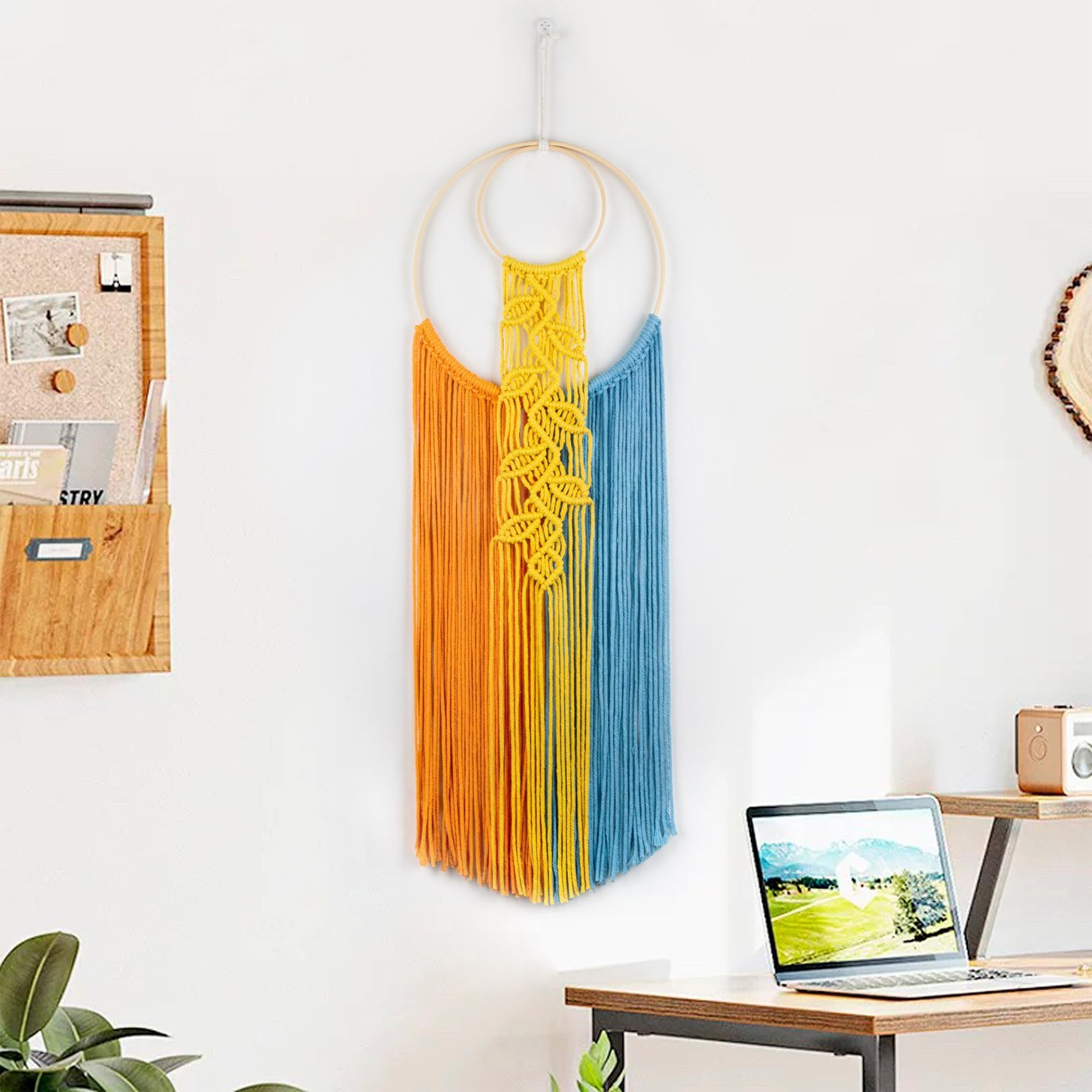 EOBTAIN Colorful Macrame Wall Hanging Dream Catchers with Yellow Leaf Handmade Woven Blue and Orange Tassel Boho Tapestry Macrame Wall Decor for Bedroom Living Room Home Apartment Dorm,30" L x 10" W