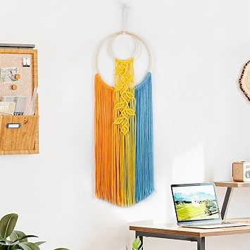 EOBTAIN Colorful Macrame Wall Hanging Dream Catchers with Yellow Leaf Handmade Woven Blue and Orange Tassel Boho Tapestry Macrame Wall Decor for Bedroom Living Room Home Apartment Dorm,30" L x 10" W
