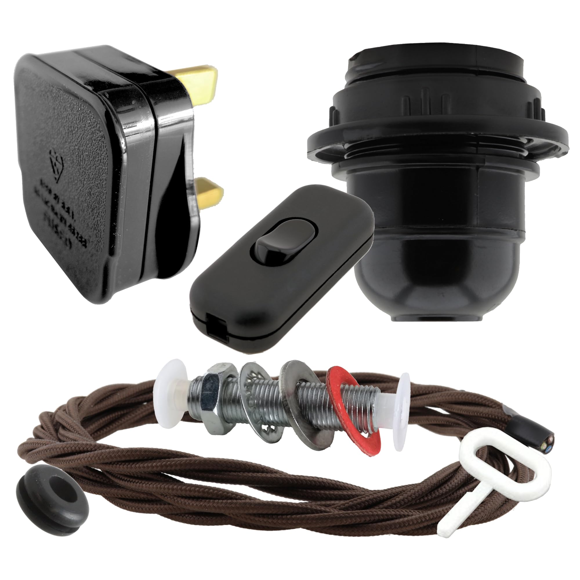 Art Deco Emporium Brown Lamp Repair Kit|Black Plug| Flex|Black Switch And E27 Bakelite Lamp Holder