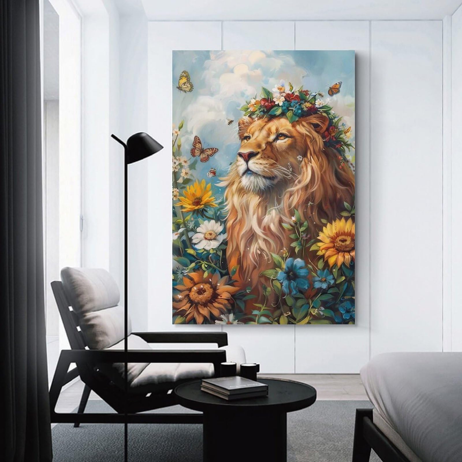 Junmoney Lion with Flower Crown in Nature Canvas Wall Decor, 12x18inch(30x45cm), for Office, Study Or Home Workspace, Wall Art That Adds Style to Work Areas