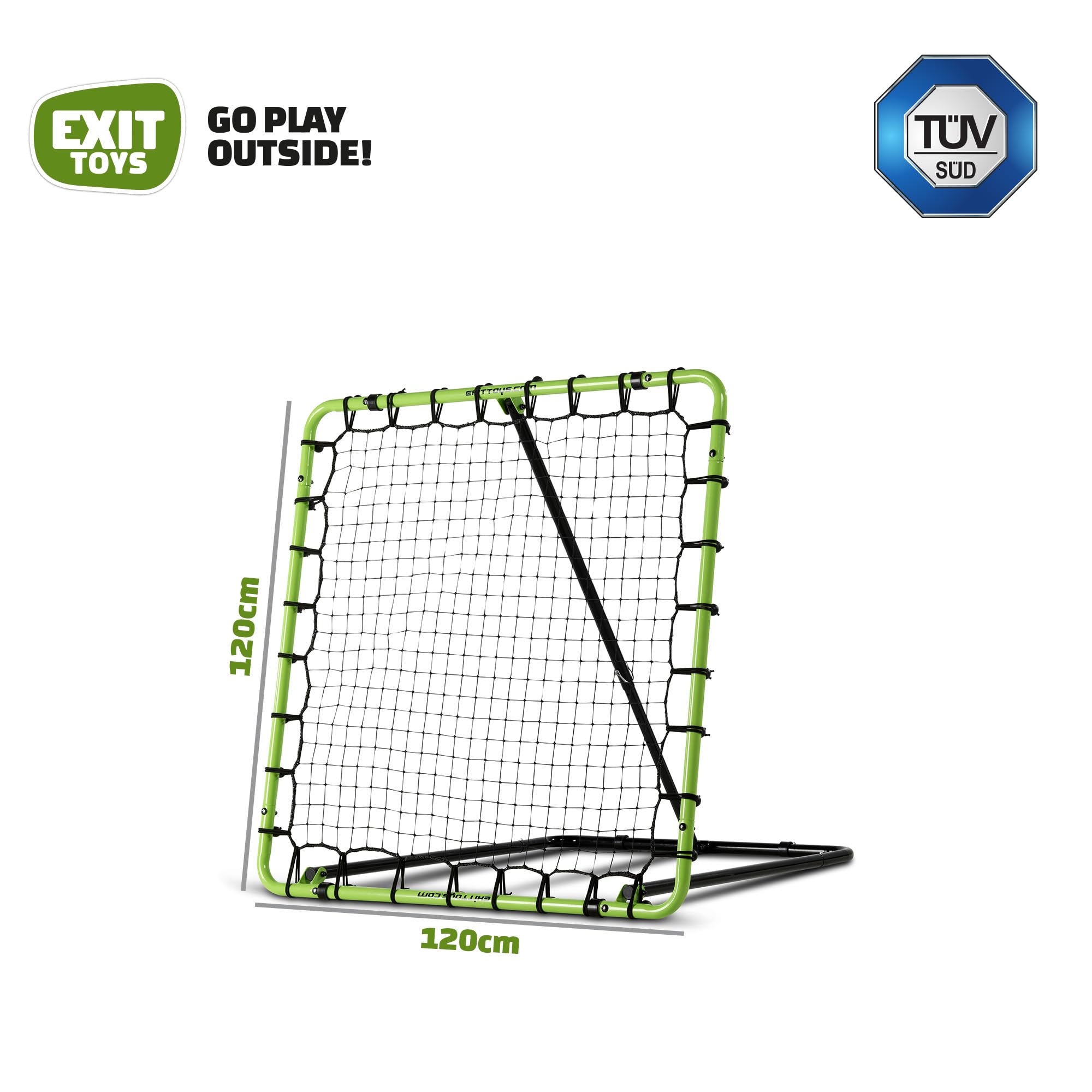 EXIT Toys Filet de Rebond Multisport 120 x 120 cm Réglable 8 Positions – pour Volleyball, Tchoukball et Handball – Rebounder avec Ancrages au Sol – TÜV Testé – Tempo – Vert/Noir