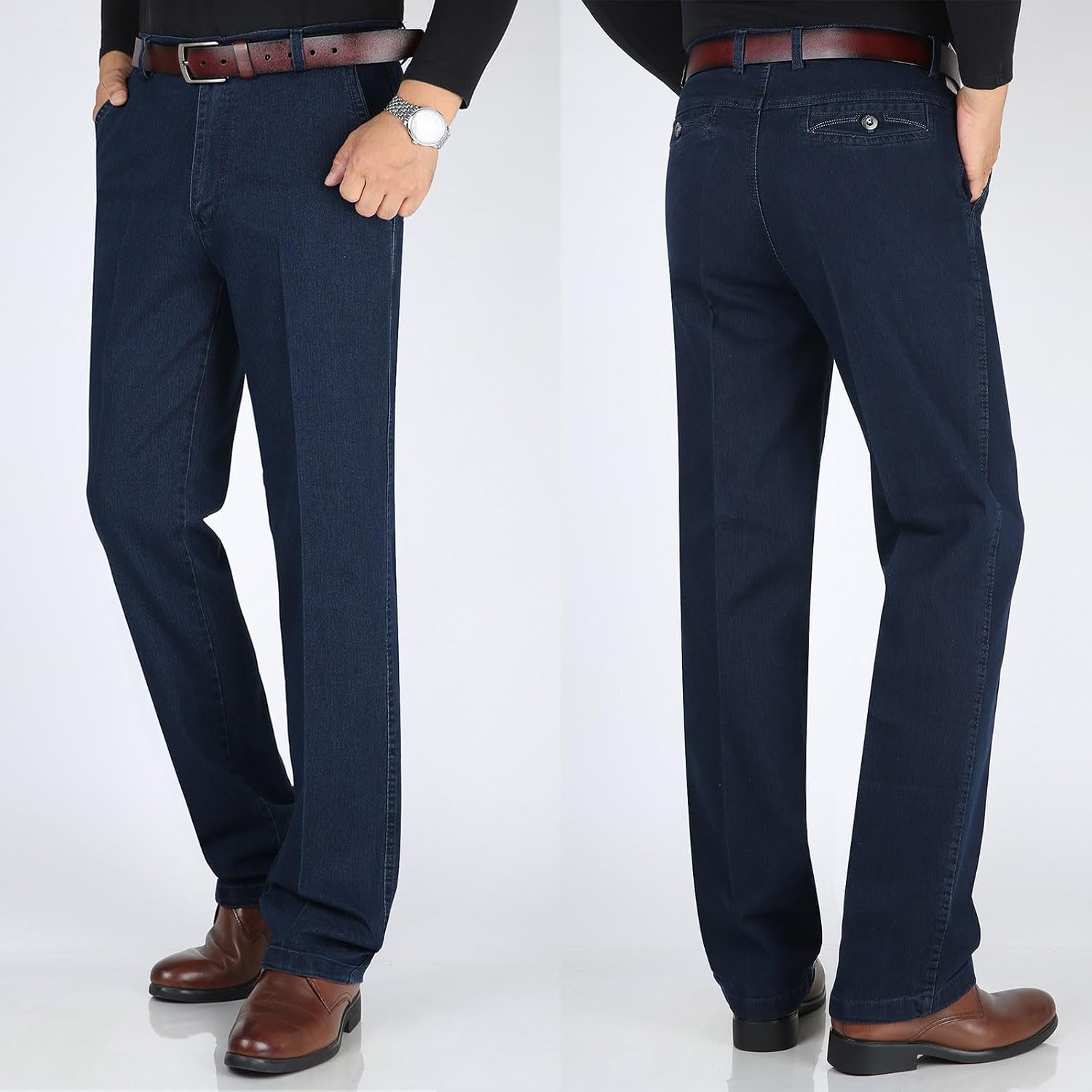 Jeans for Older Men, Men's Classic High Waisted Straight Leg Slimming Fit Jeans, Stretch Business Denim Pants
