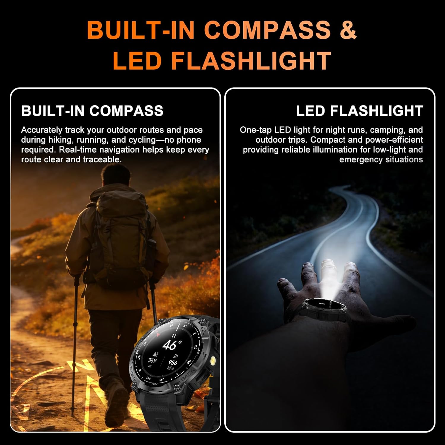 Rugged Military Smart Watch for Men with GPS, 1.43'' AMOLED Fitness Tracker Watch with Bluetooth Call/Flashlight/Compass, 170+ Sports Modes Waterproof Mens Smartwatch for Android iPhone