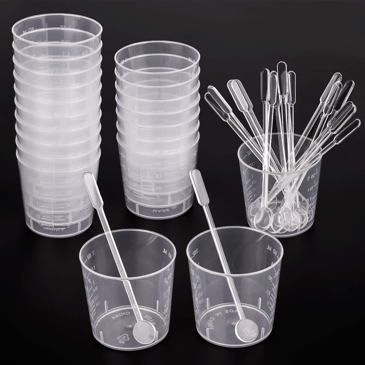 WXJ13 20 Pack 60 ml Transparent Polypropylene Plastic Graduated Cups with 20 Stiring Bars for Mixing Paint, Stain, Epoxy, Resin