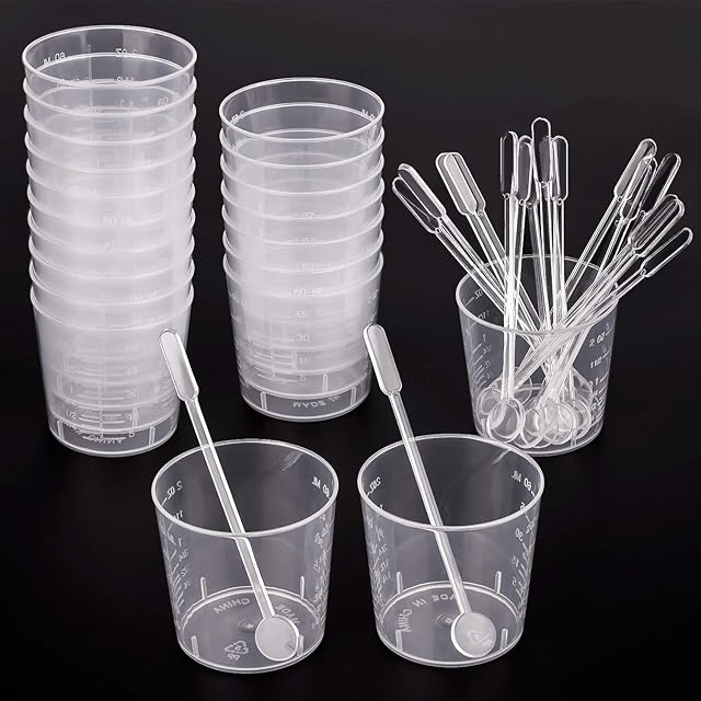 WXJ13 20 Pack 60 ml Graduated Cups Plastic Measuring Cups Transparent Reusable Polypropylene Mixing Cup Kit with 20 Stiring Sticks for Mixing Paint, Stain, Epoxy