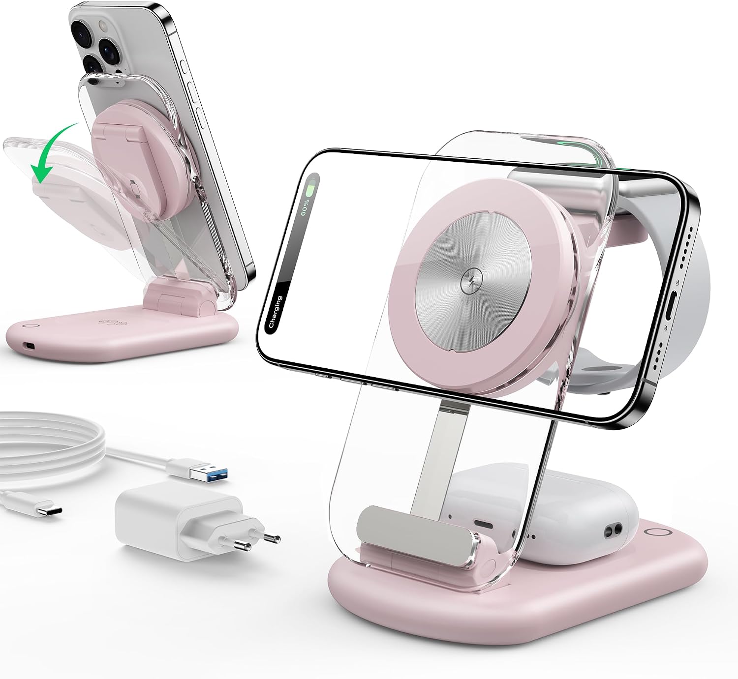 3 in 1 Inductive Charging Station Compatible with Mag Safe Charger Pink