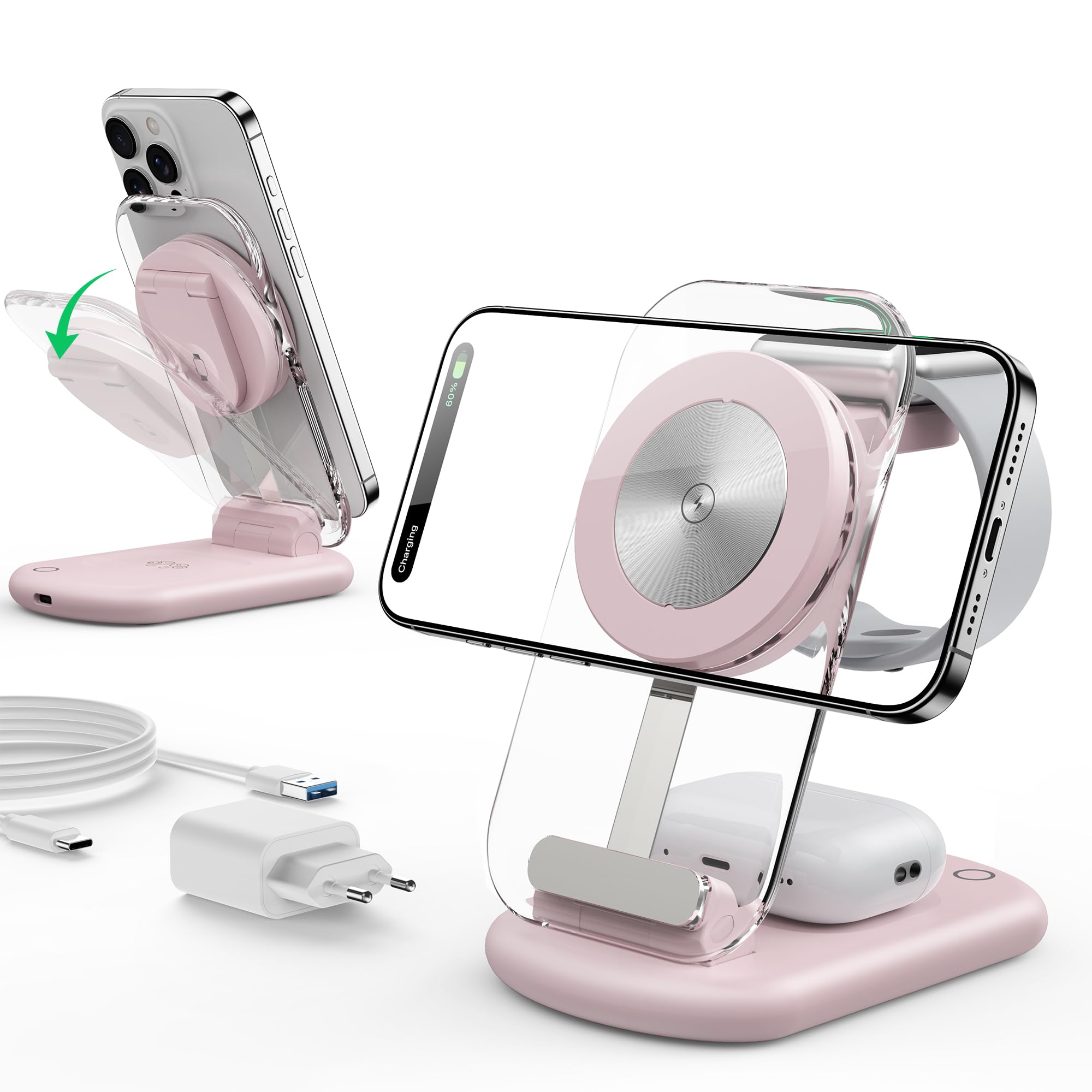 Mag Safe Ladegerät, Ladestation und iPhone, 3 in 1 Mag Safe Ladestation Kompatibel mit iPhone 17e 17 16 15 14 13 12 Pro Max/Air/Plus/Pro, für Apple Watch 10/9, Airpods 3/2/Pro,faltbar, Rosa