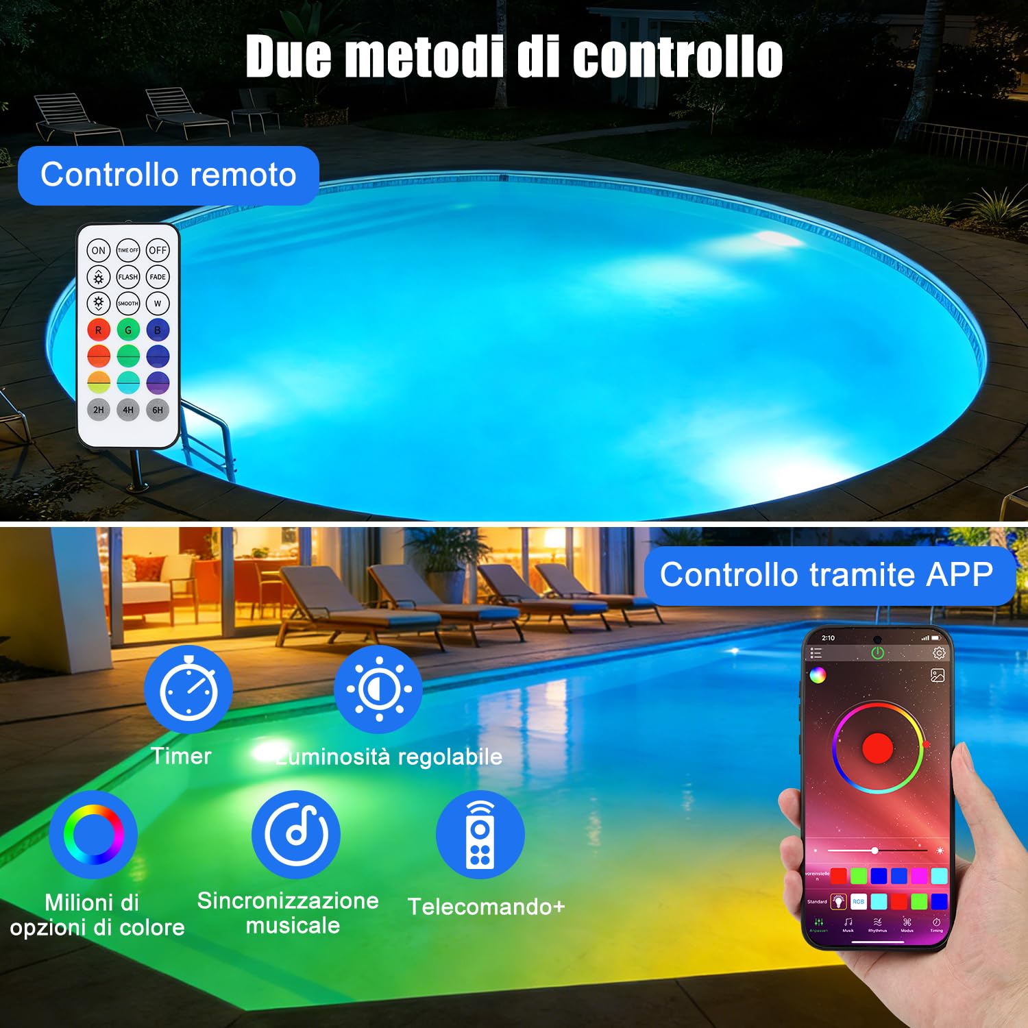 COOLWEST Luci Piscina LED 24W Fuori Terra, RGB Illuminazione a LED con Magnete, Luce Piscina a Immersione Subacquee con Controllo APP, IP68 Impermeabile per Piscines à Parois en Acier, 7m Cavo, 12V
