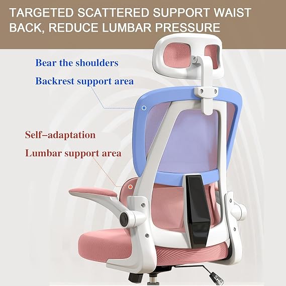 Office Chair Mesh Desk Chair,Ergonomic High-Back Rolling Gaming Work Chairs with Wheels and Adjustable Headrests,Comfortable Flip-up Arms for Home,Bedroom,Study Gaming(Pink)