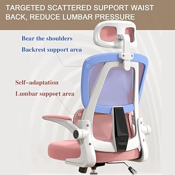Office Chair Mesh Desk Chair,Ergonomic High-Back Rolling Gaming Work Chairs with Wheels and Adjustable Headrests,Comfortable Flip-up Arms for Home,Bedroom,Study Gaming(Pink)