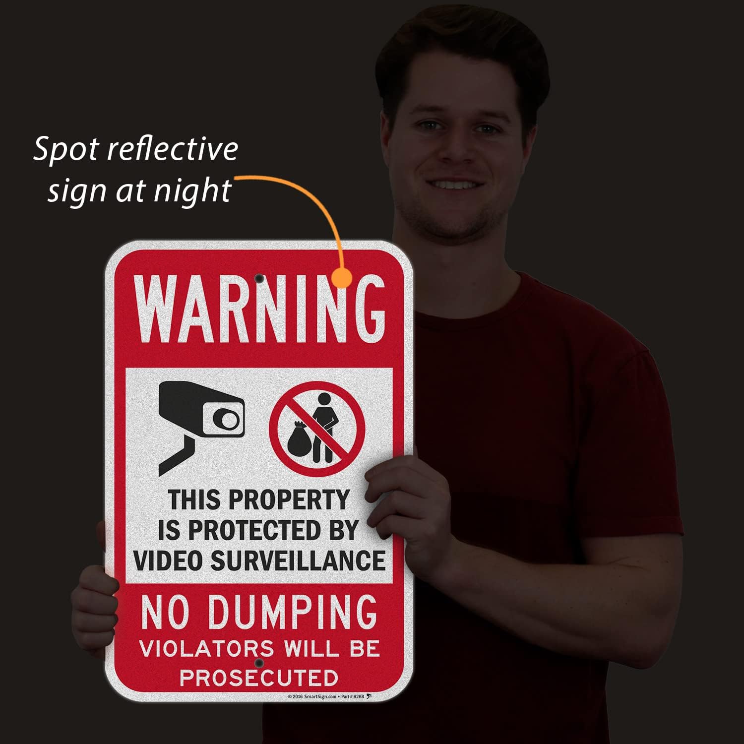 SmartSign Basics 18 x 12 inch Basics “Warning - Property Protected By Video Surveillance, No Dumping” Metal Sign, 120 mil Aluminum Composite (ACM), Engineer Grade Reflective, Red/Black on White