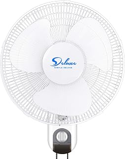 Simple Deluxe Digital Household Wall Mount Fans 16 Inch Adjustable Tilt, 90 Degree, 3 Speed Settings, 1-Pack, White
