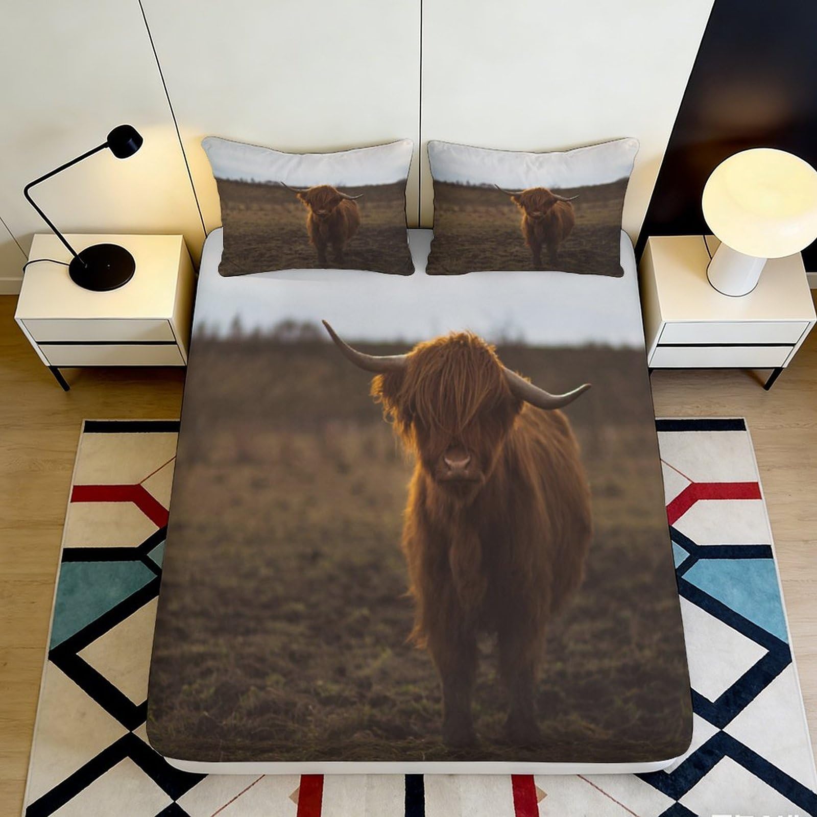 3D Printed Highland Cow Fitted Sheet Microfiber Brown Rural Landscape Bed Cover for Bedroom Guest Room Dorm Decor 90x200x25cm