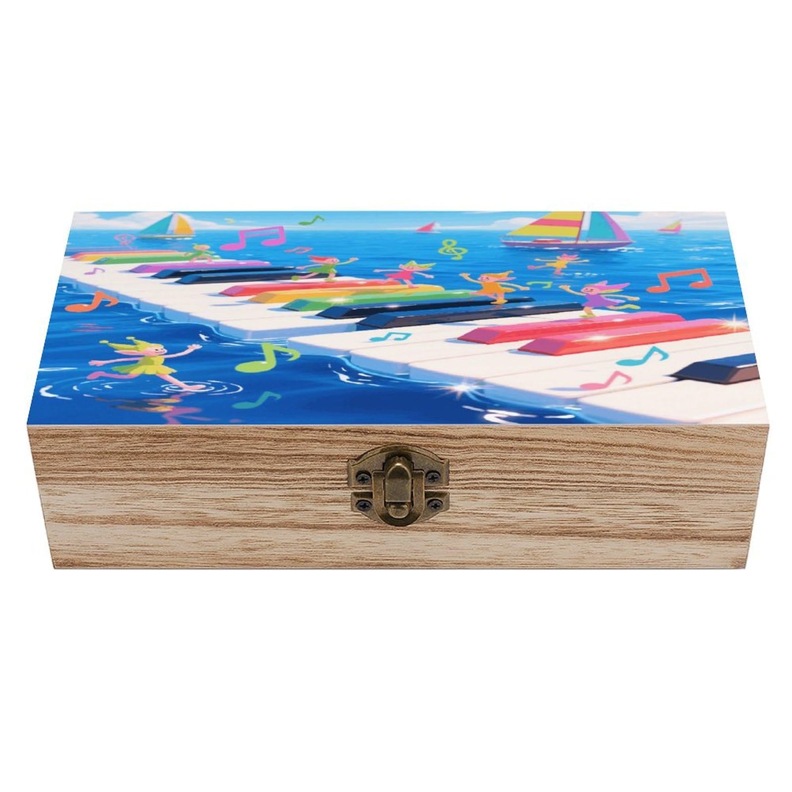 VstaDank Colorful Piano Keyboard Music Note Wooden Storage Box Vintage Style Wooden Storage Case with A Hinged Lid Memory Treasure Boxes Decorative Jewelny Photos for Organizer 7.9 * 3.7 * 2.3 Inch