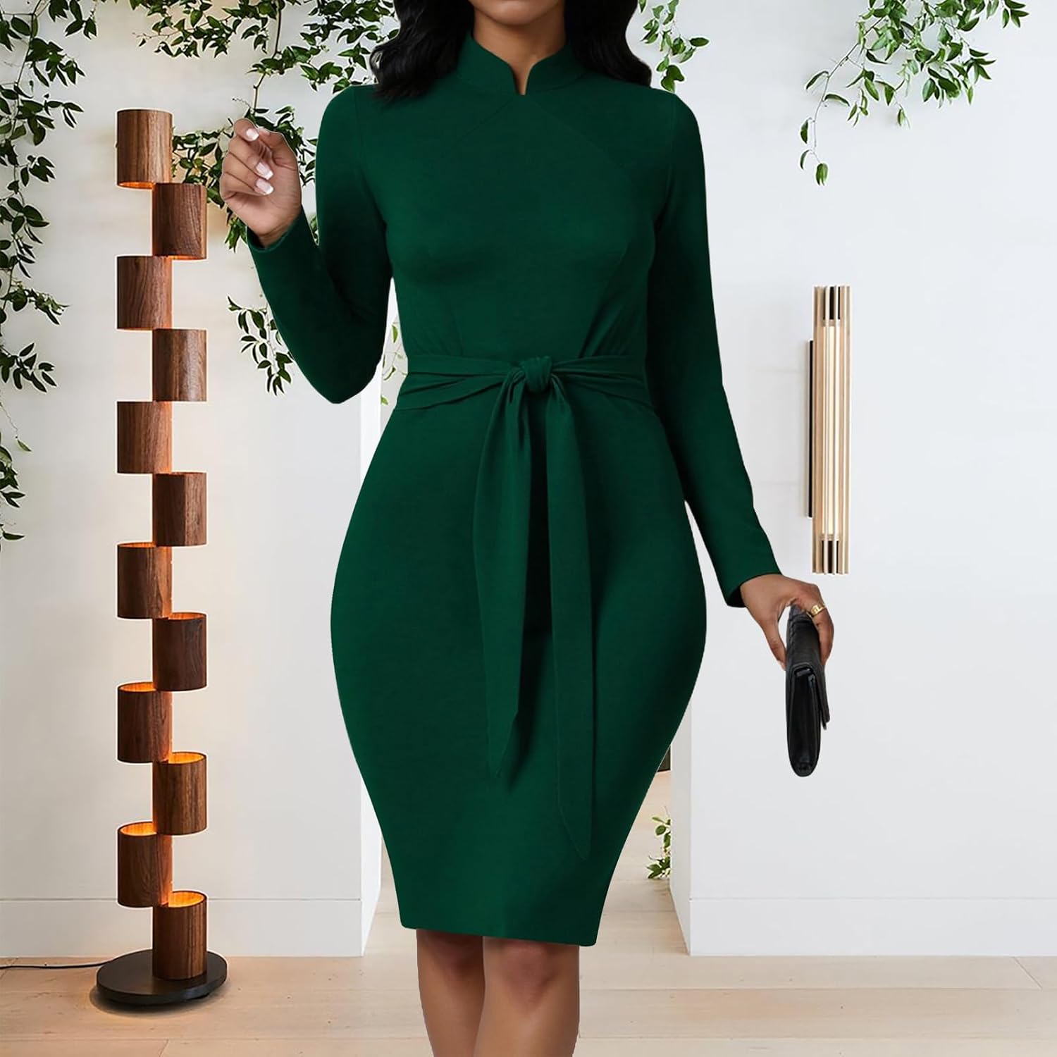 MsavigVice Church Dresses for Women Sexy Pencil Business Work Midi Dress Slim Fit Bodycon Dresses with Belt - Image 3