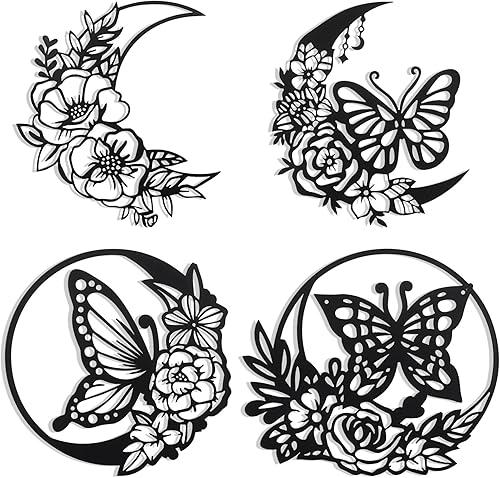 Photect Decoración de pared de metal con mariposa, decoración de pared de mariposa, fases lunares, hojas de flores, arte de pared floral, bohemio,