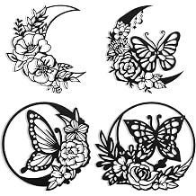Photect 4 Pcs Butterfly Metal Wall Decor Butterfly Wall Decoration Moon Phases Flower Leaf Art Floral Boho Modern Hanging for Farmhouse Home Indoor Outdoor Bathroom