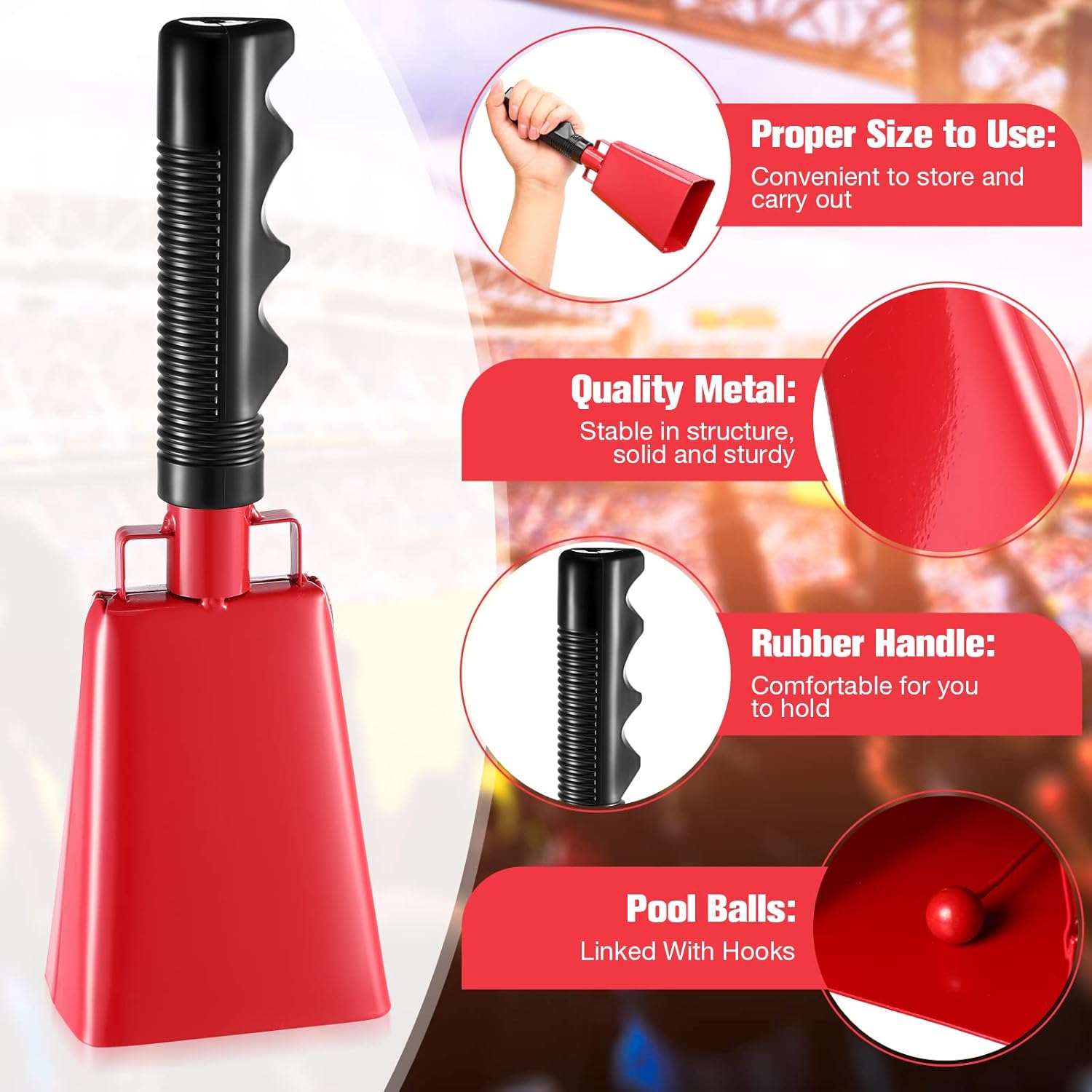 Yeshone 6 Pcs 8.6'' Steel Red CowBells Noise Makers with Handle,Solid Cow Bells for Sporting Events to Make Big Noise for Football Soccer Hockey Baseball Basketball Games(Small)