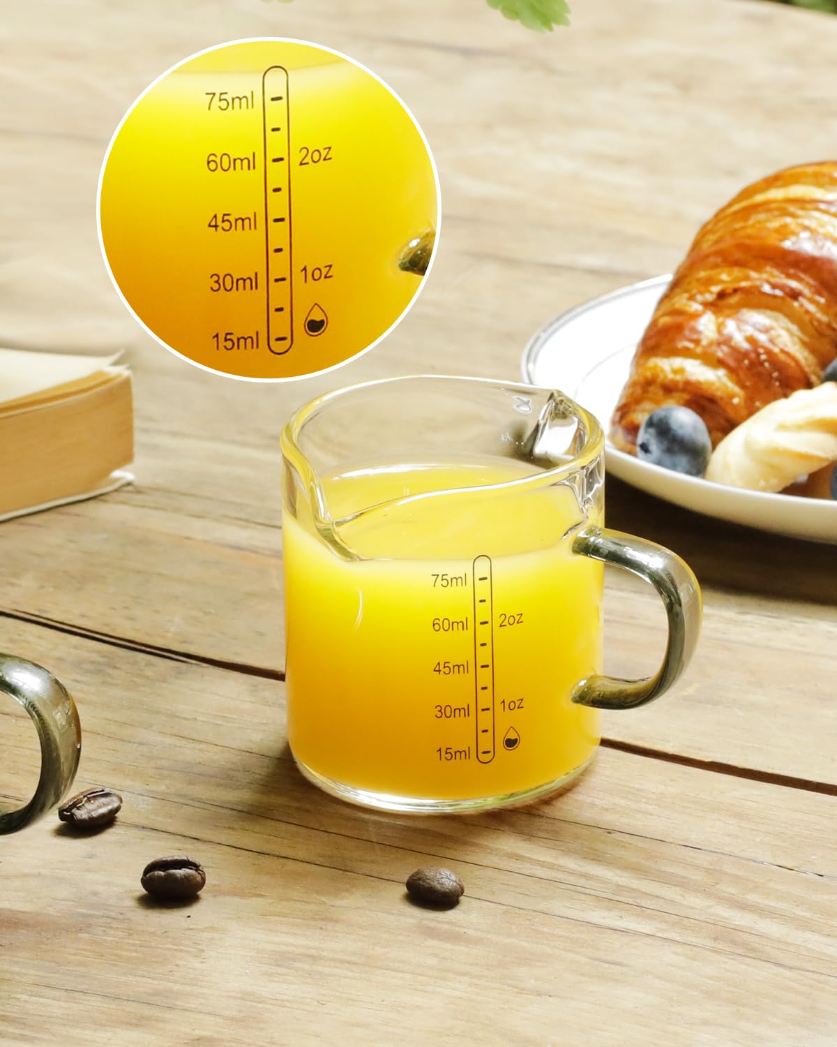 LIBWYS 2x75ml (2,5 oz) glazen maatbeker, espressokopjes V-vormige mond met handvat, hittebestendige borosilicaatglas vloeibare maatbeker