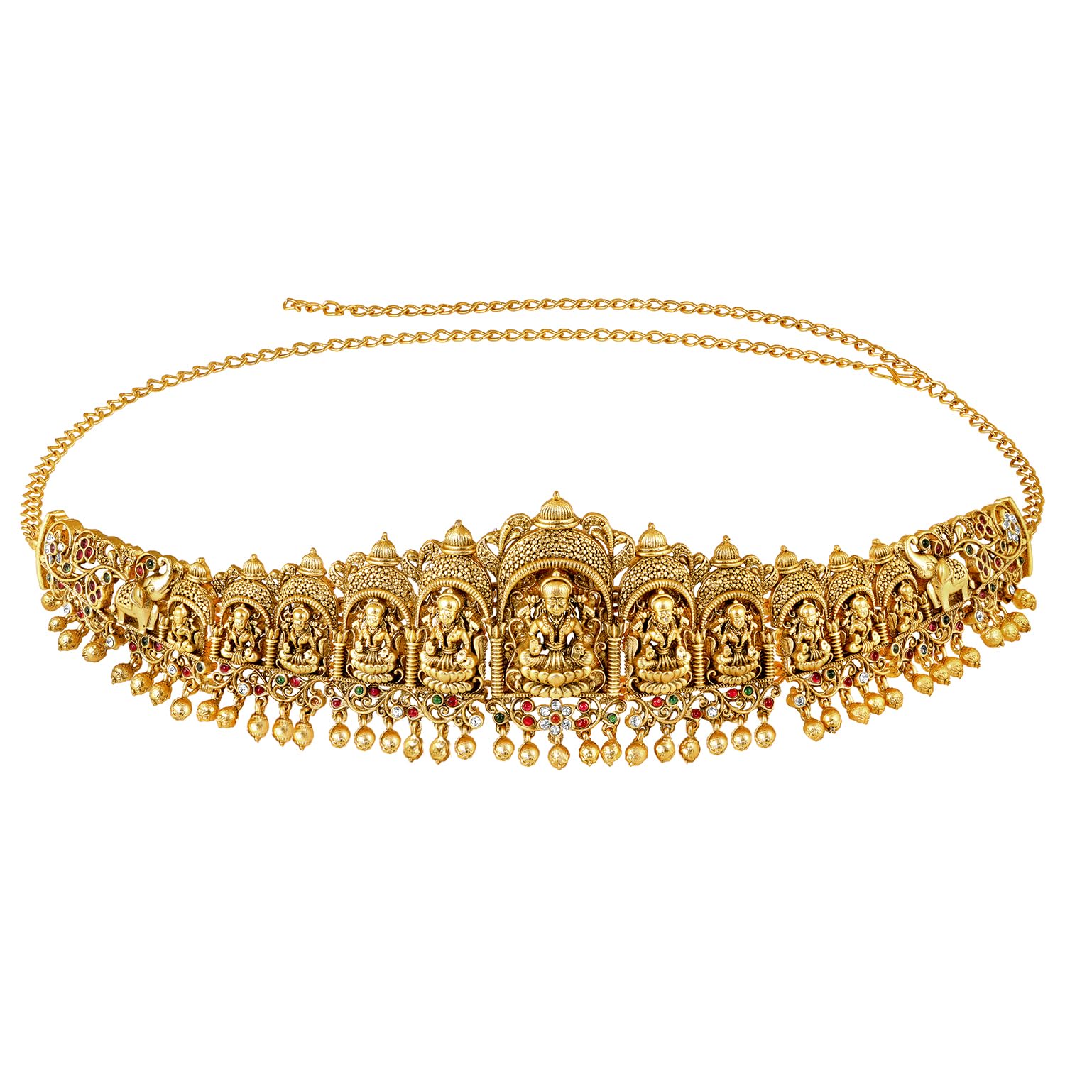 Gold Plated Faux Ruby Faux Emerald Studded Divine Goddess Laxmi Accent Kamar Patta Kamarbandh Belly Chain Jewellery for Women-image-31