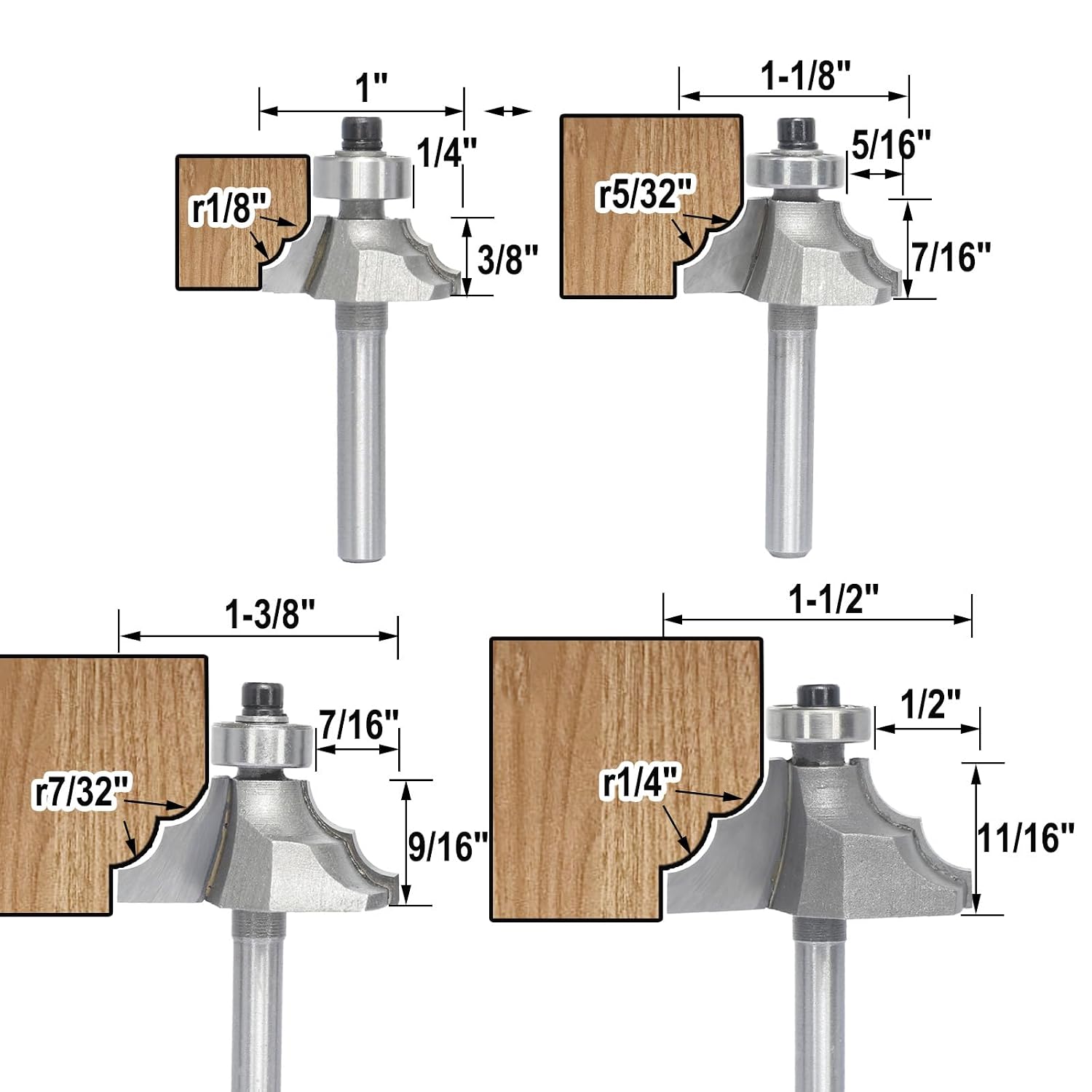 4Pcs Bearing Guided Bead Ovolo Bit Set,1/4" Shank Decorative Edge Bits with Double Round,Rounding Over Radius 3.2mm, 4mm, 5.5mm, 6.35mm, for Wood Profiling,Molding