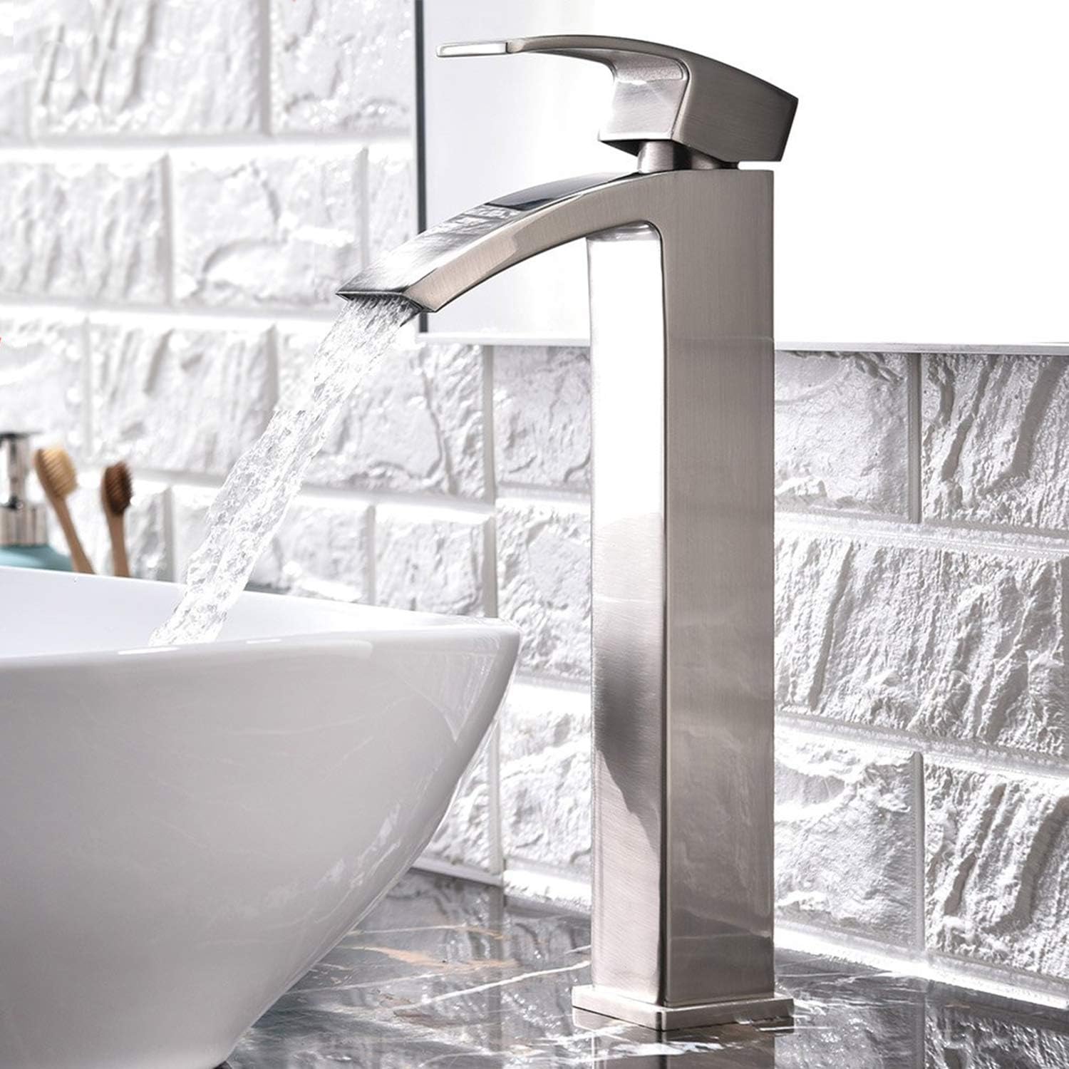 Friho Modern Single Handle Brushed Nickel Waterfall Tall Vessel Sink Bathroom Faucet,With Extra Large Rectangular Spout