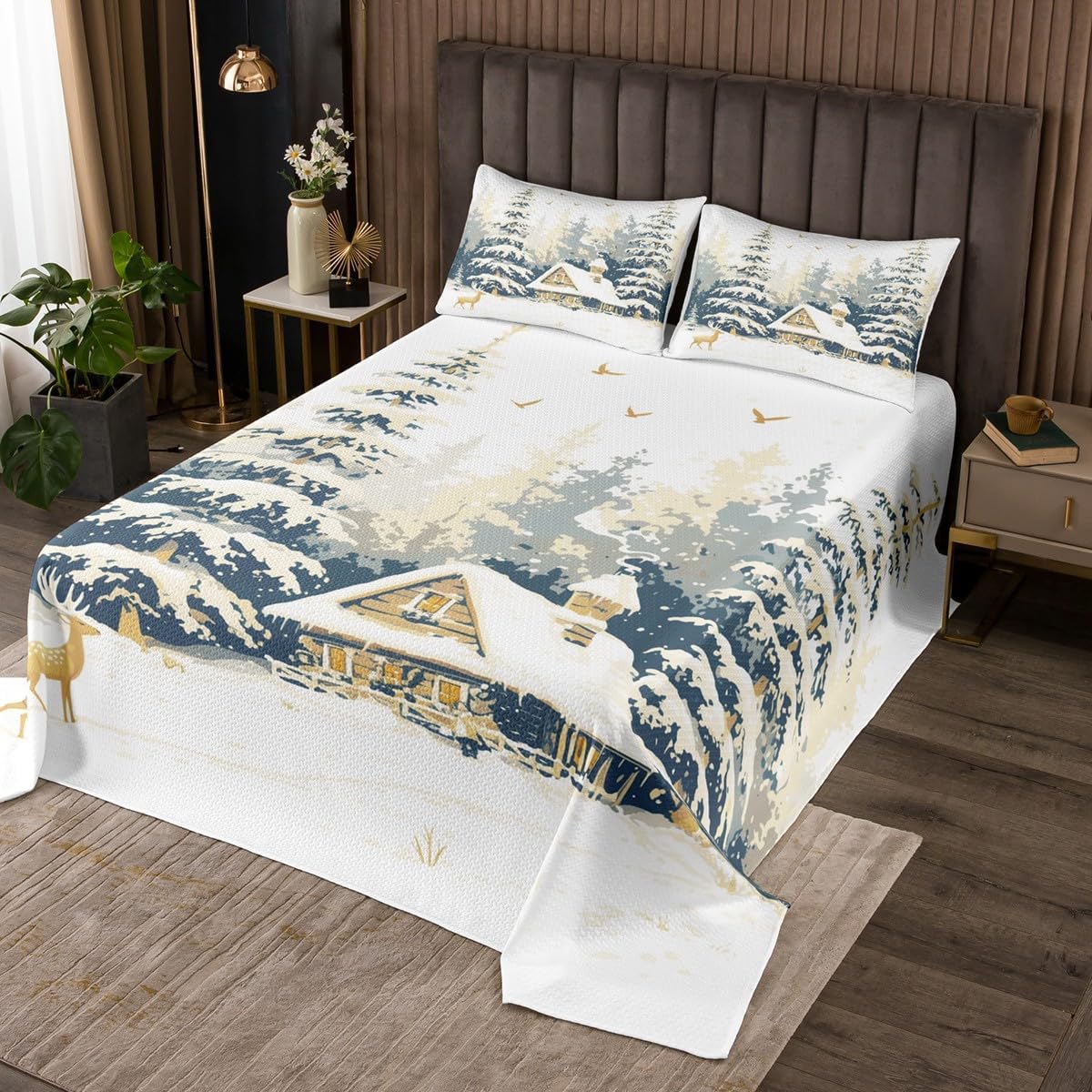 Homewish Retro Rustic Cabin Bedspread Queen Size,Deer Woodland Winter Theme Bedding Set for Kids Boys Girls Room Decor,Snow Scenery Wildlife Quilt 3Pcs,Nature Plant Animal Coverlet Set,2 Pillowcases