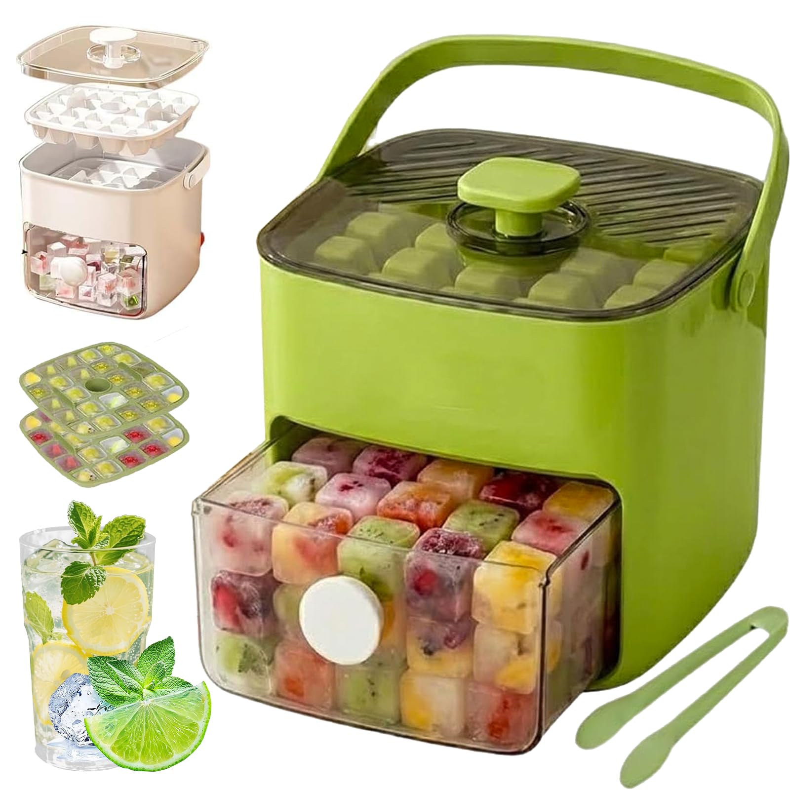 Bac à Glaçons 48 Cubes avec Couvercle Pressable, Moule Silicone à Démoulage Rapide, Boîte de Rangement Double Couche et Pelle, Idéal pour Congélateur, Whisky, Cocktail et Boisson (A)