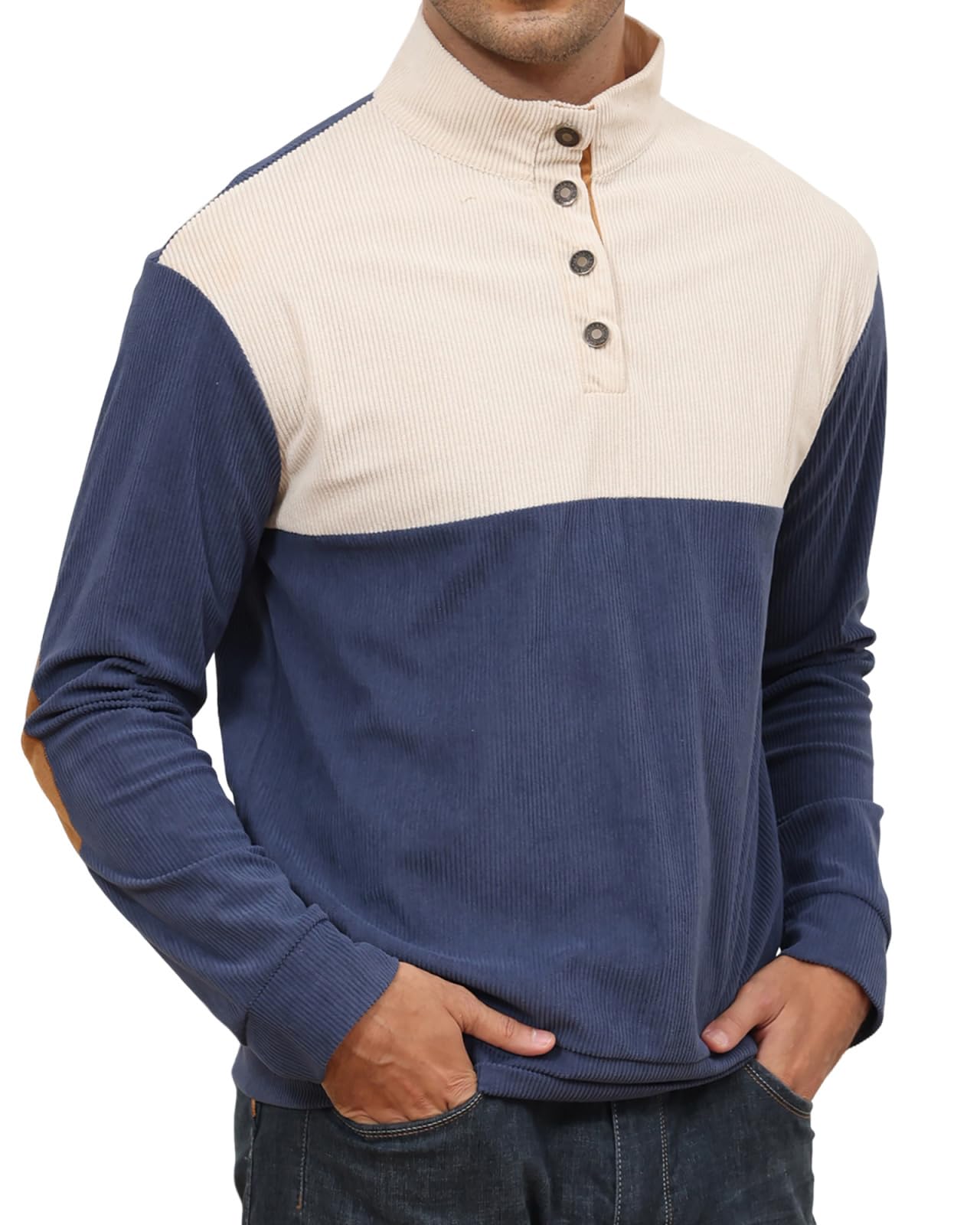 PRIVIMIX Sweat Homme sans Capuche Léger Pull Col à Boutons Sweatshirt Velours Côtelé Sweet M-3XL