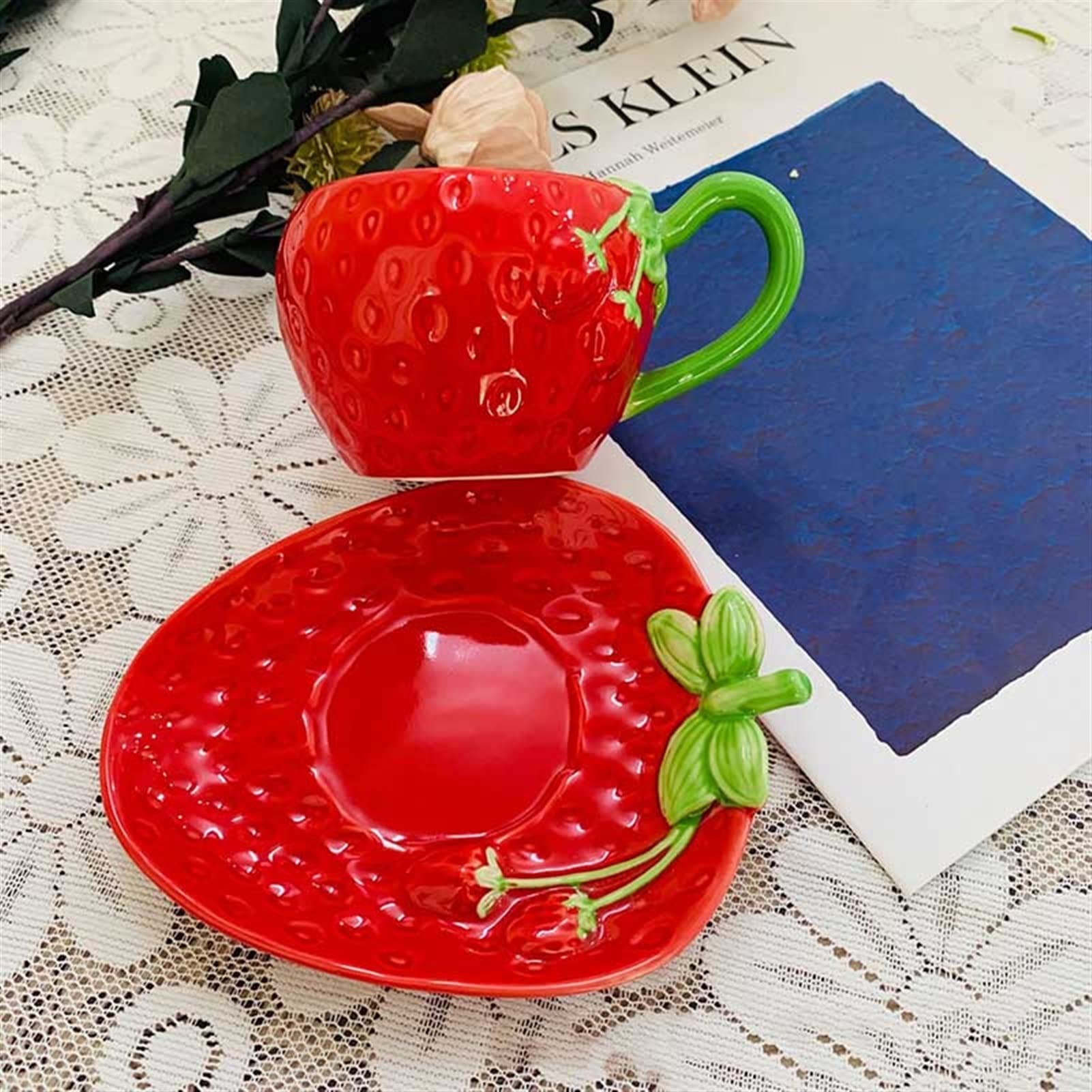 Kaffeetasse Erdbeer-Keramik-Tasse Rot Kaffeetasse und Untertasse Set Büro Kaffeetasse Tee Set Cafe Restaurant Getränkeutensilien Teetasse