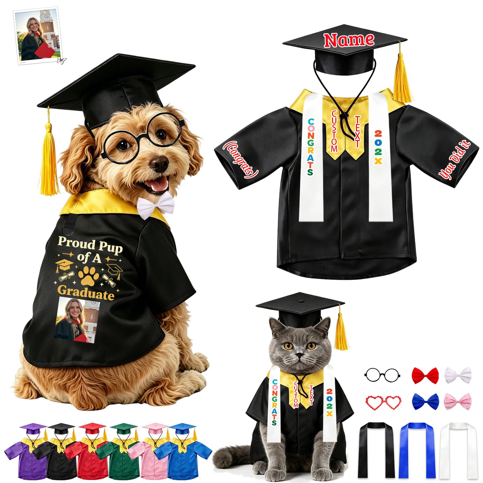 DRAJOIN Personalised Dog Graduation Cap and Gown, Adjustable Custom Pet Costume with Tassel for Small Medium Large Dogs Puppy Cats Graduation Ceremony Party Photo Props