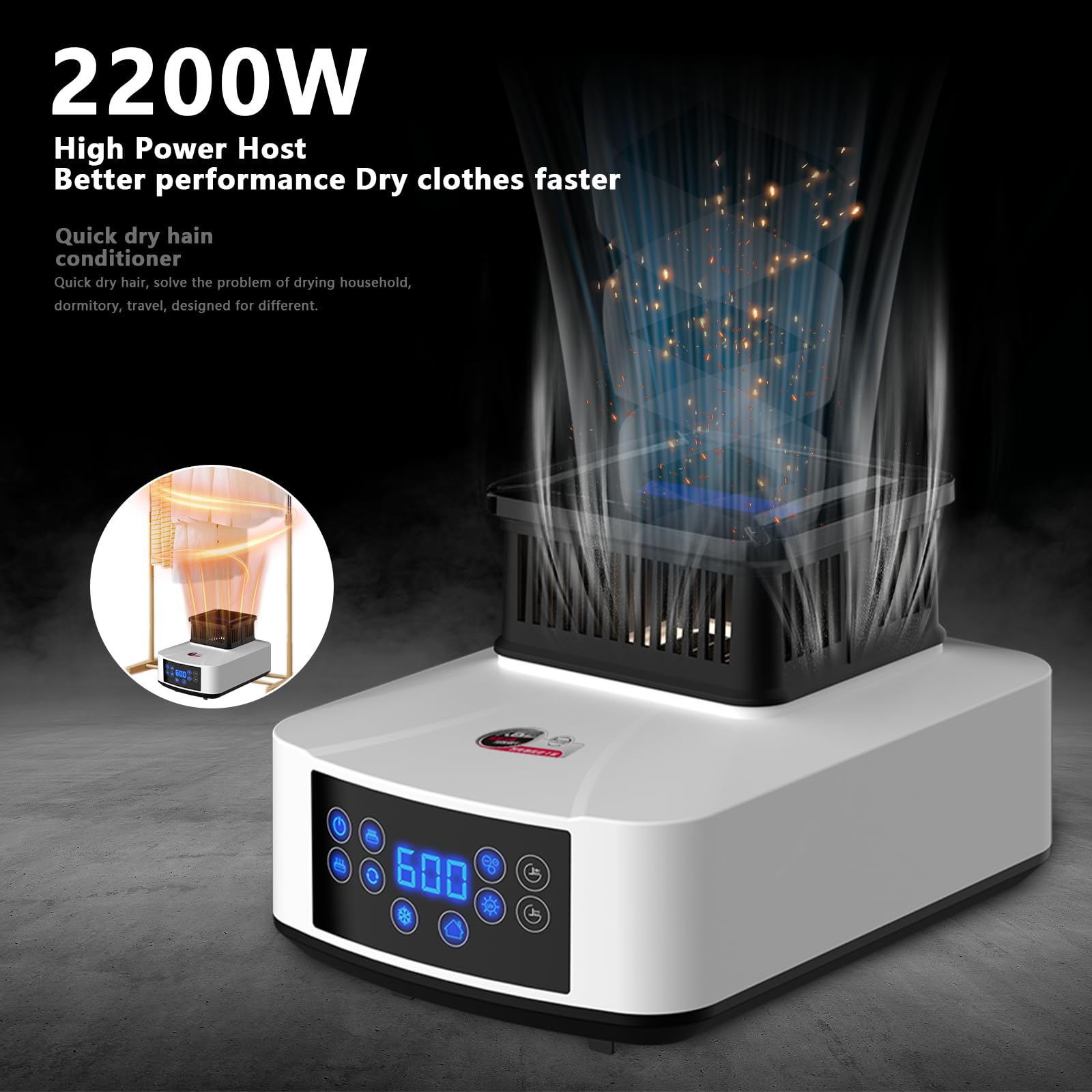Secador eléctrico portátil, 2200 W, secadora de ropa con mando a distancia, sincronización de cuatro velocidades (60/120/180/240 min), secador de ropa mudo para casa, lavandería, apartamento