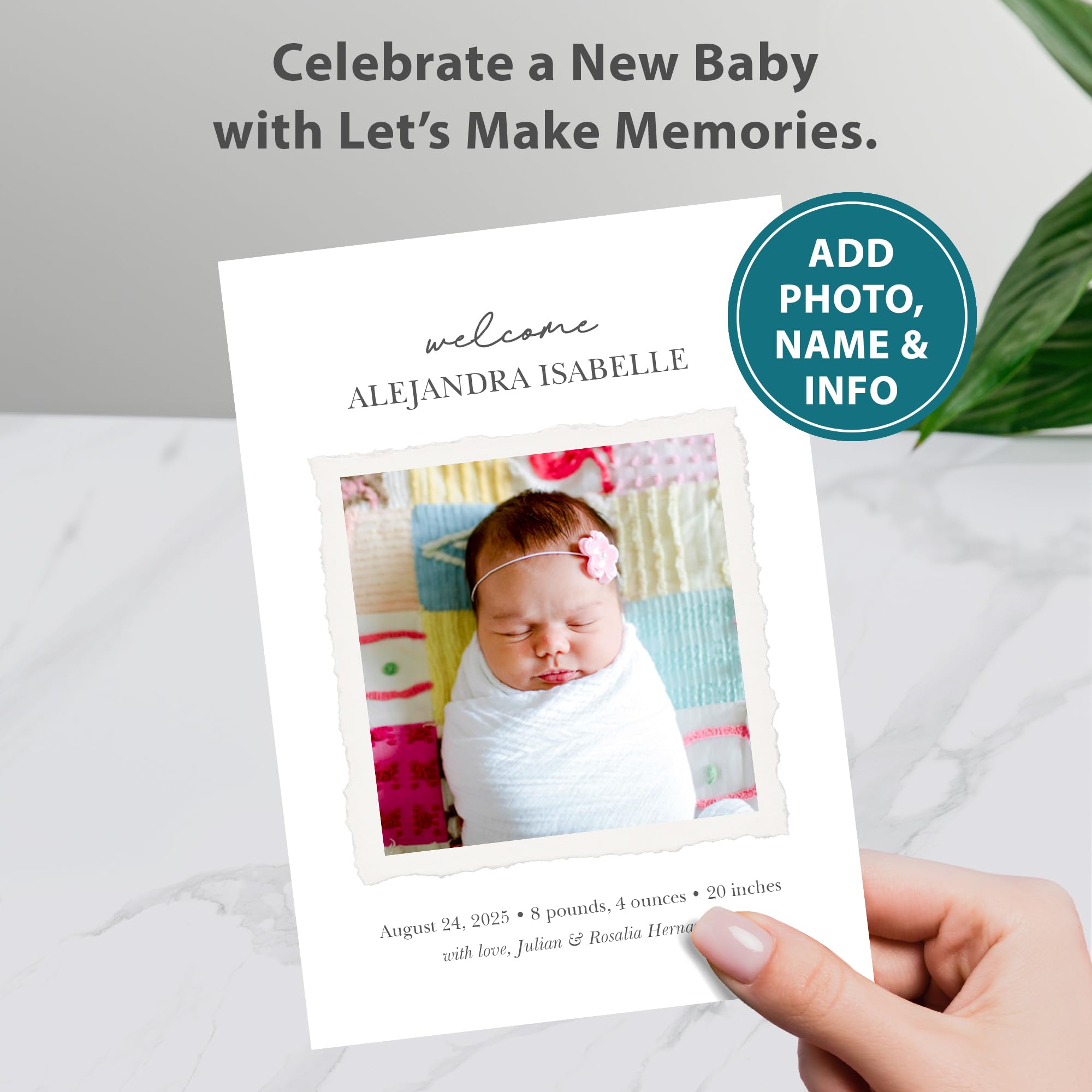 Let's Make Memories Personalized Baby Announcement Cards - Birth, Adoption - Boy, Girl - Premium Quality Custom Photo Cards for Mailing - 5x7 - Includes White Envelopes - Scrapbook - 25 ct