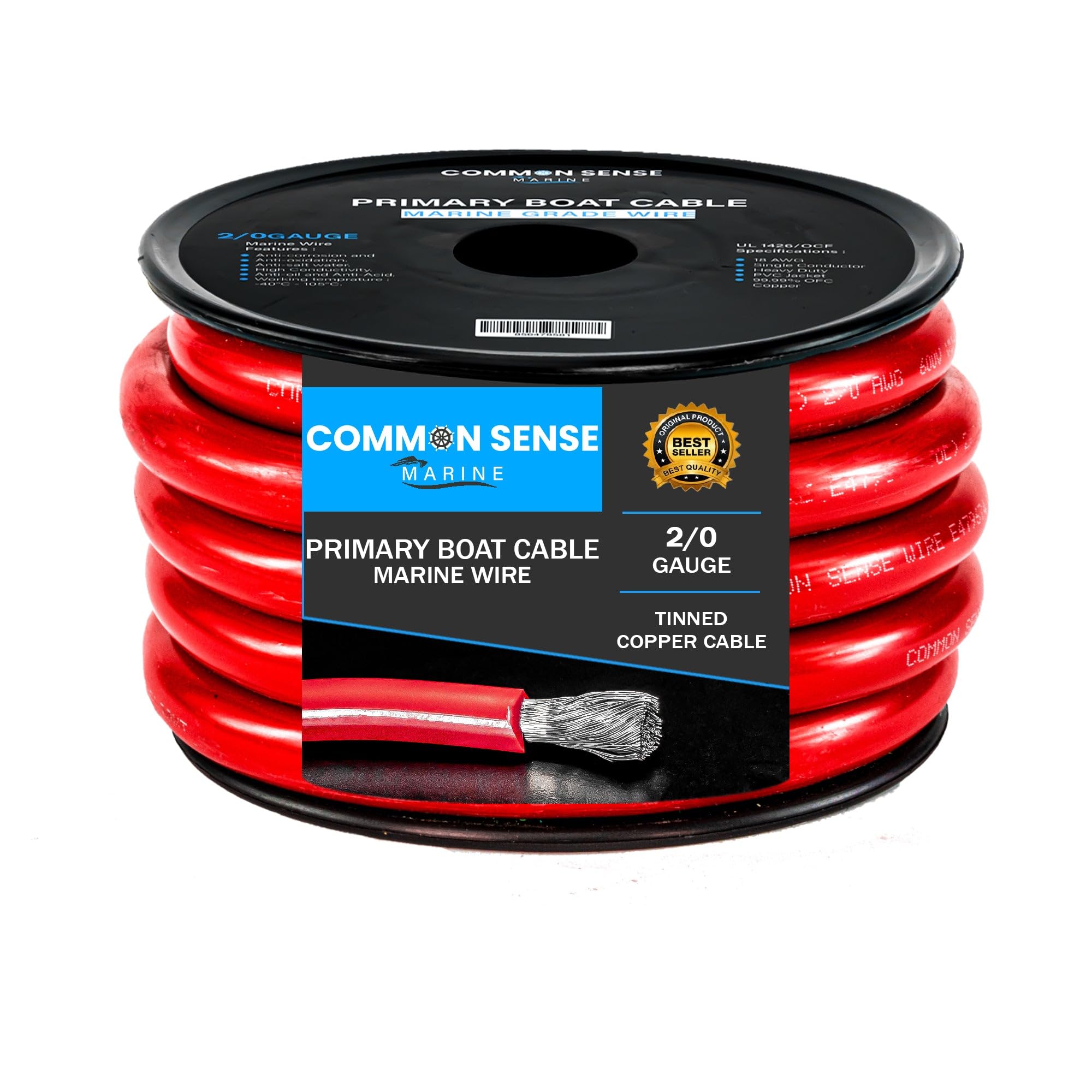 2/0 Gauge Primary Boat Cable - 20 ft Marine Grade Wire Tinned Oxygen-Free Copper - 2/0 AWG UL 1426 Standard PVC Wire for Boat, Automotive, Speakers,