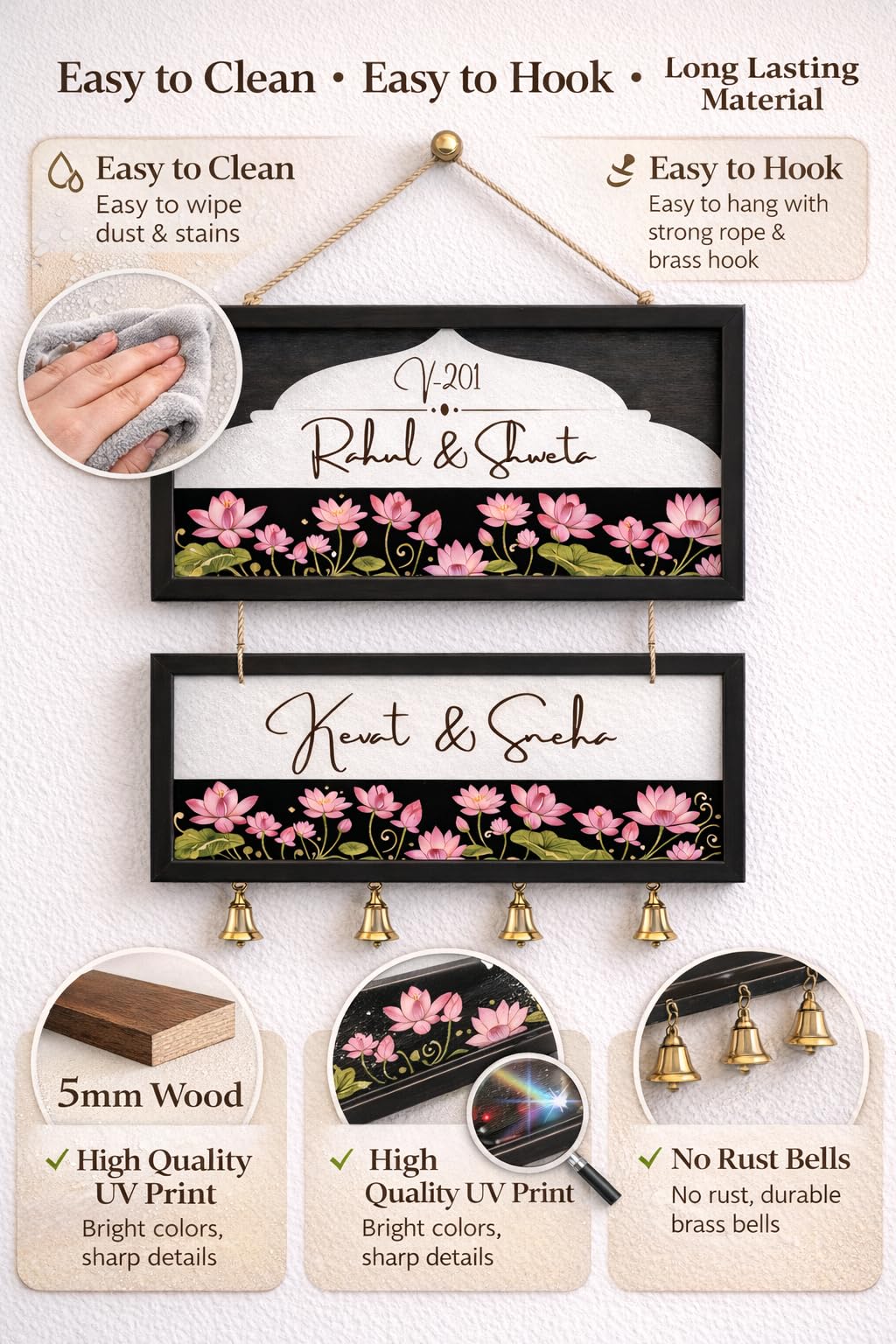 Webelkart Customized Wooden Couple Name Plate For Home Entrance outdoor With Bells | Handcrafted Floral Wooden Name Board for Home Decor | Perfect Wedding, Anniversary & Housewarming Gift - 17 Inches (Lotus Flower) — Amazon image 4