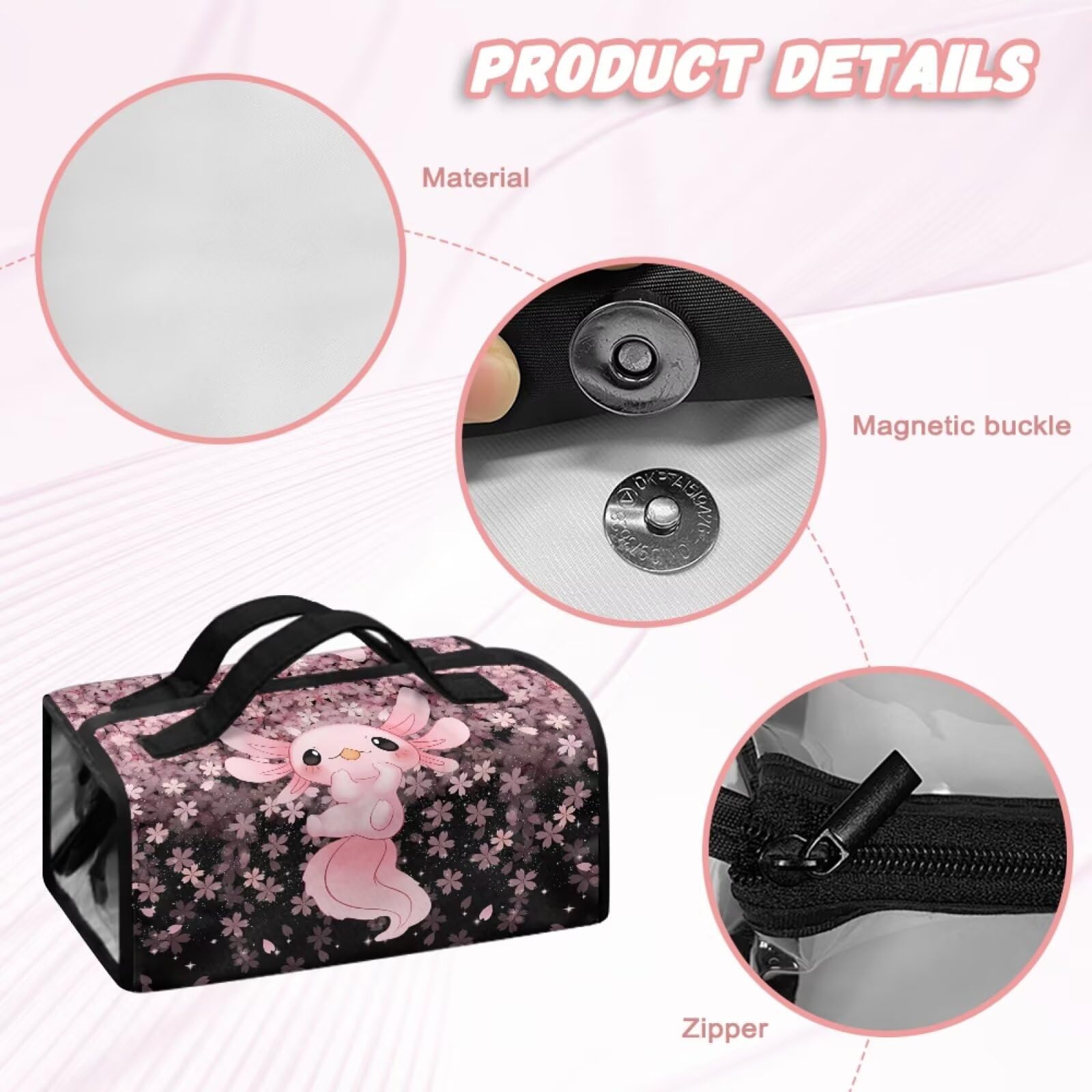 Dngkaoje Cute Axolotl Hanging Roll Up Makeup Bag for Women Girls Travel Pouches for Toiletries Kawai Axolotl Travel Toiletries Cases Multifunctional Organizer with 4 Removable Compartments - Image 3