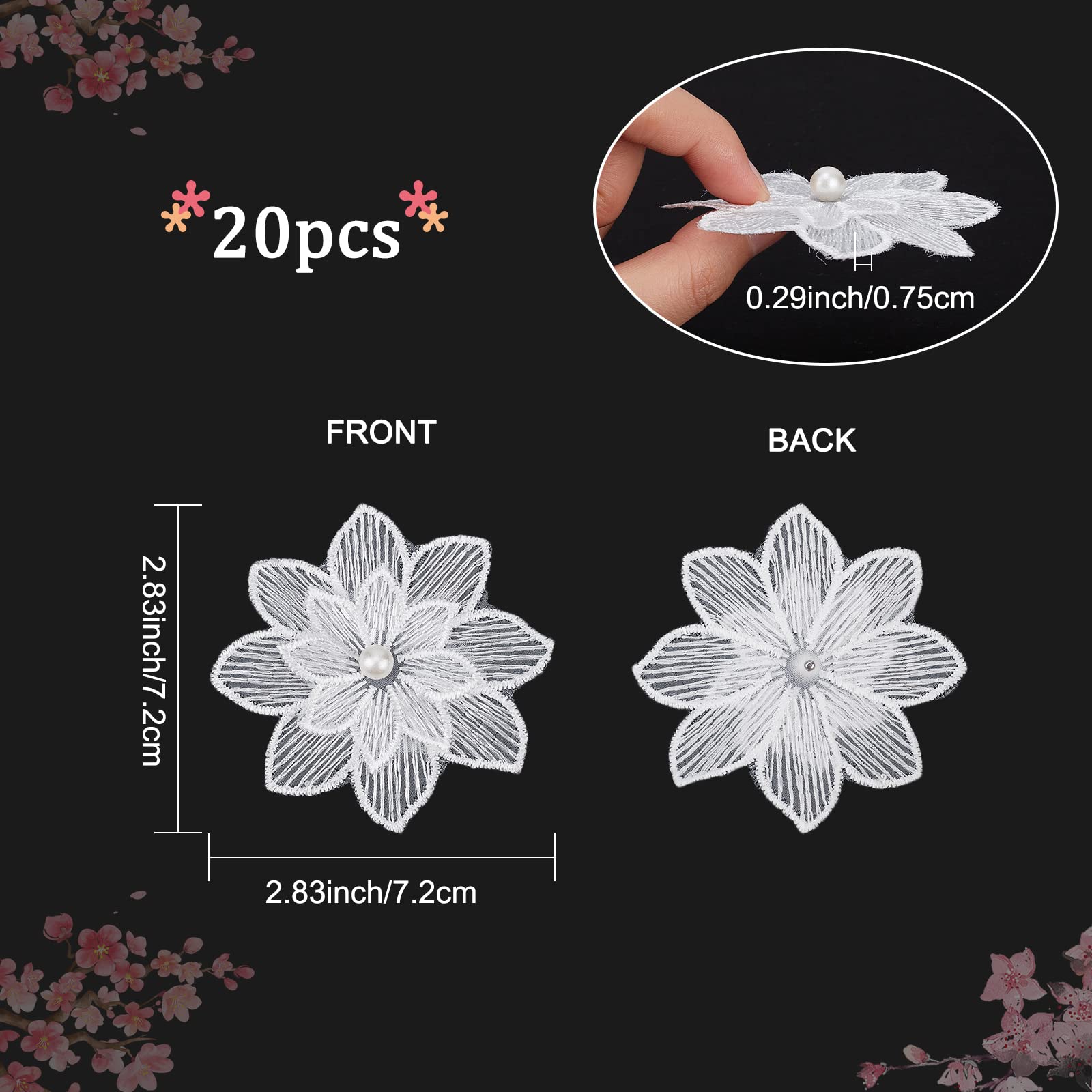 GORGECRAFT 20 Patchs Fleurs 3D Dentelle Blanche Brodée - Appliques 5 Pétales Avec Perles Imitation Pour Robe De Mariée & DIY