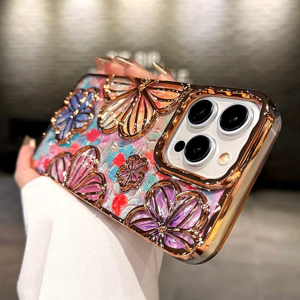 Case for iPhone 16 Pro Max，iPhone 16 15 14 13 12 Pro Max Cas，Dazzle 3D Flower，Camera Protection，Premium Gradient Cover，Elegant Shiny Shockproof iPhone 16 Case (【 iPhone 16 pro max】6.9in,Gold)