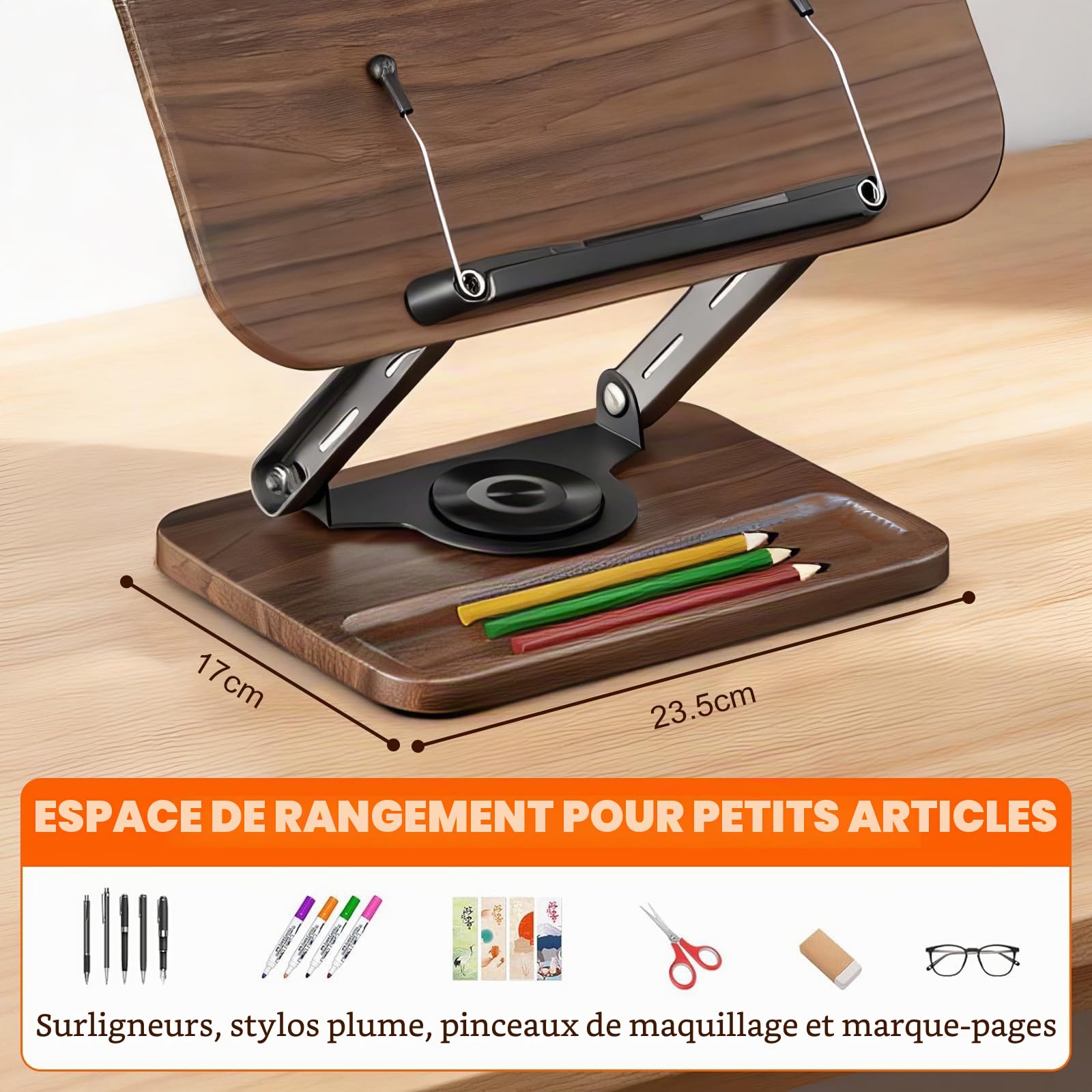 Support de Lecture en Bois Réglable et Rotatif à 360° - Pliable - Pupitre Ergonomique Porte-Livre pour Cuisine (Livre de Cuisine), Bureau, Partition de Musique et Tablette