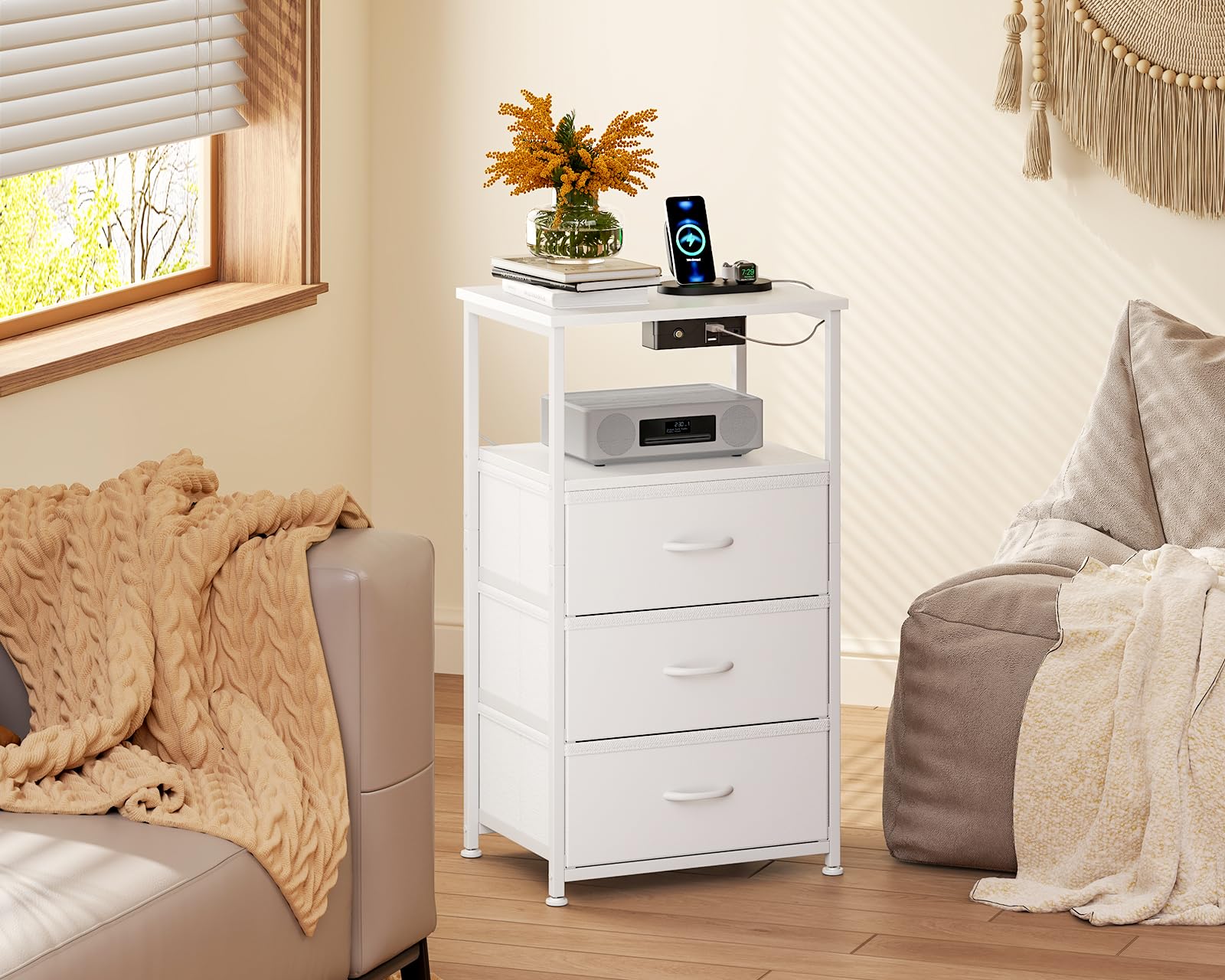 Coleshome Mesitas de Noche Blanco, con Enchufe, 2 Puertos USB y Tira de Luces LED, Mesita de Noche con 3 Cajones de Tela y 2 Espacio de Almacenamiento, 40 x 30 x 70 cm, 1 Paquete