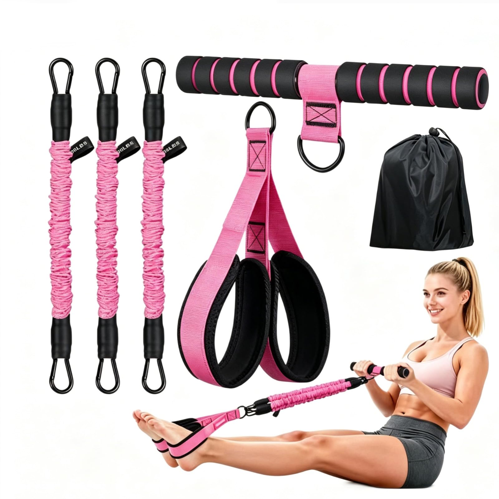 Multifunction Pedal Resistance Band with Handle for Women - 3 Tube Adjustable (30-90lbs) Sit Up Exercise Equipment for Home Workout,Full Body Core Abs Legs Glutes Training