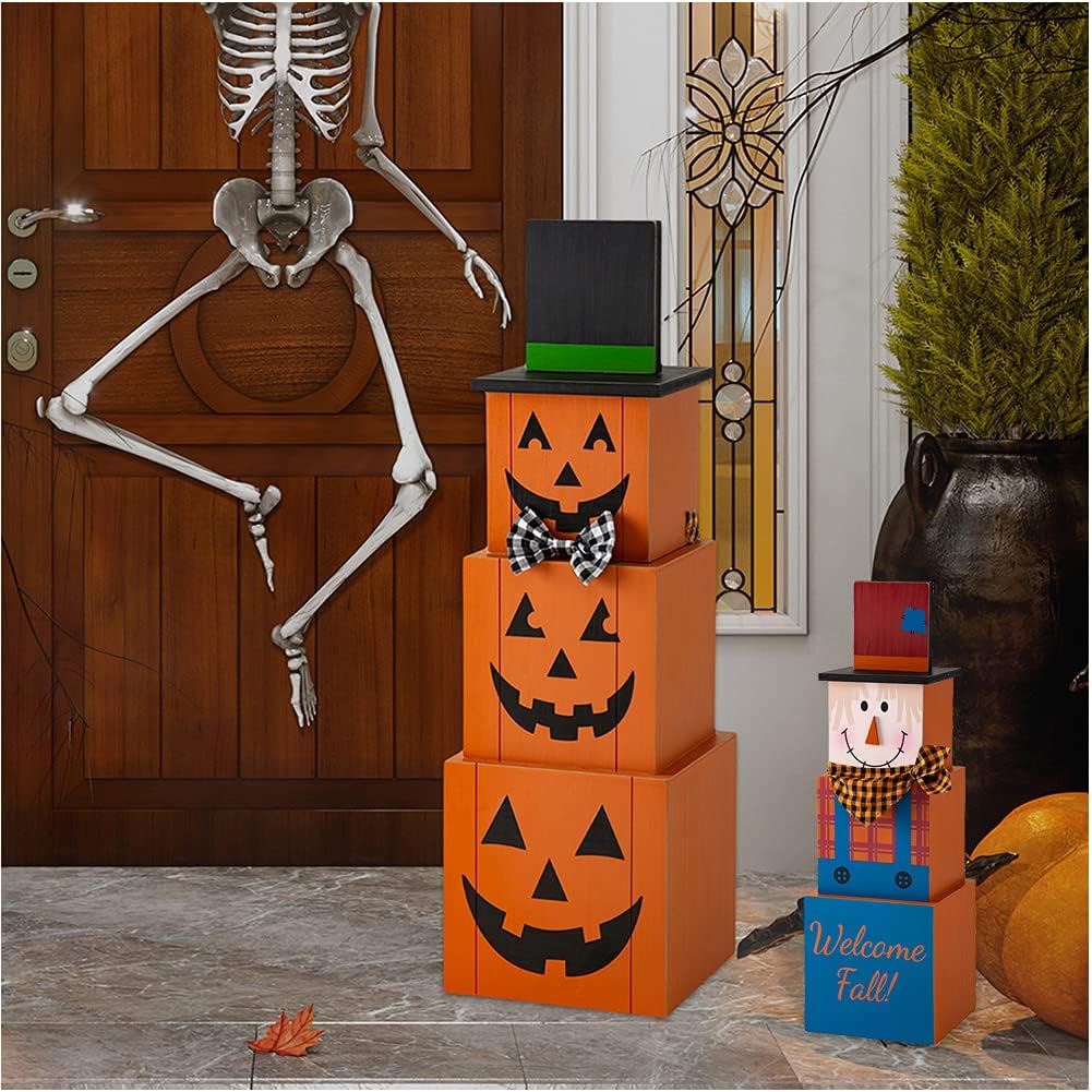 Glizthome 36" H Wooden Double Sided Jack-O-Lantern/Scarecrow Porch Decor Wooden Decorative Nesting Block Set Porch Sign 3 Nesting Boxes with Lids for Halloween and Fall Decorations