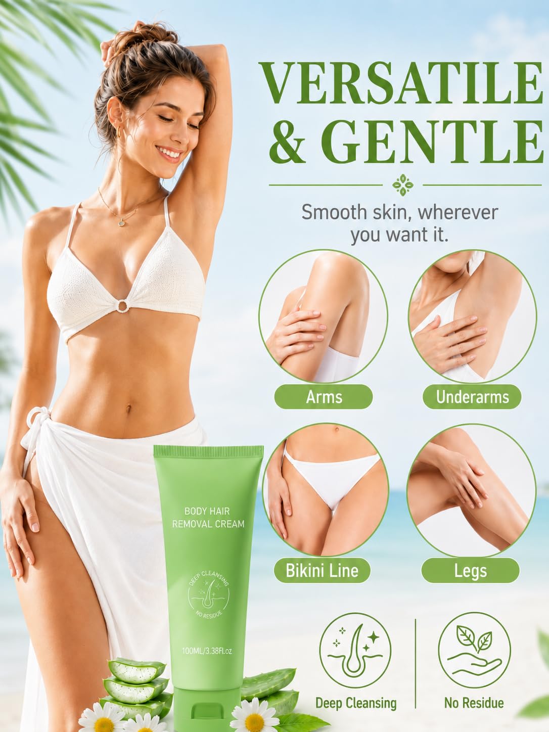 Hair Removal Cream for Women, Gentle Hair Remover Cream for Women & Men with Aloe Vera and Chamomile, Smooth Skin Finish for Legs, Arms, Underarms & Bikini Line, Sensitive Skin Formula(3.38 Fl Oz)